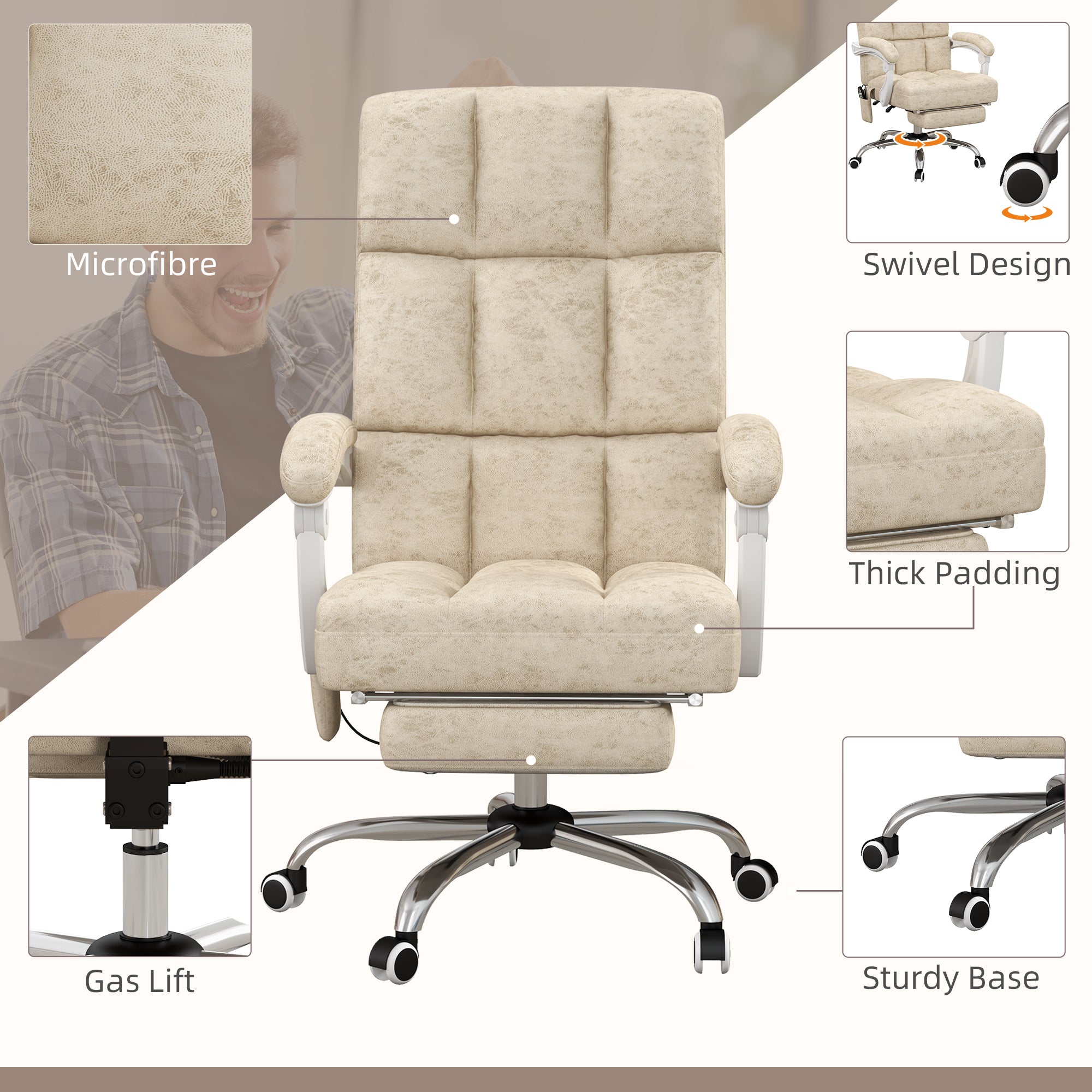 Vinsetto Massage Office Chair, Ergonomic Desk Chair, Comfy Work Study Chair with Heat, Padded Seat, 135° Reclining Back and Footrest for Home Office, Beige - North Peak Garden Furniture