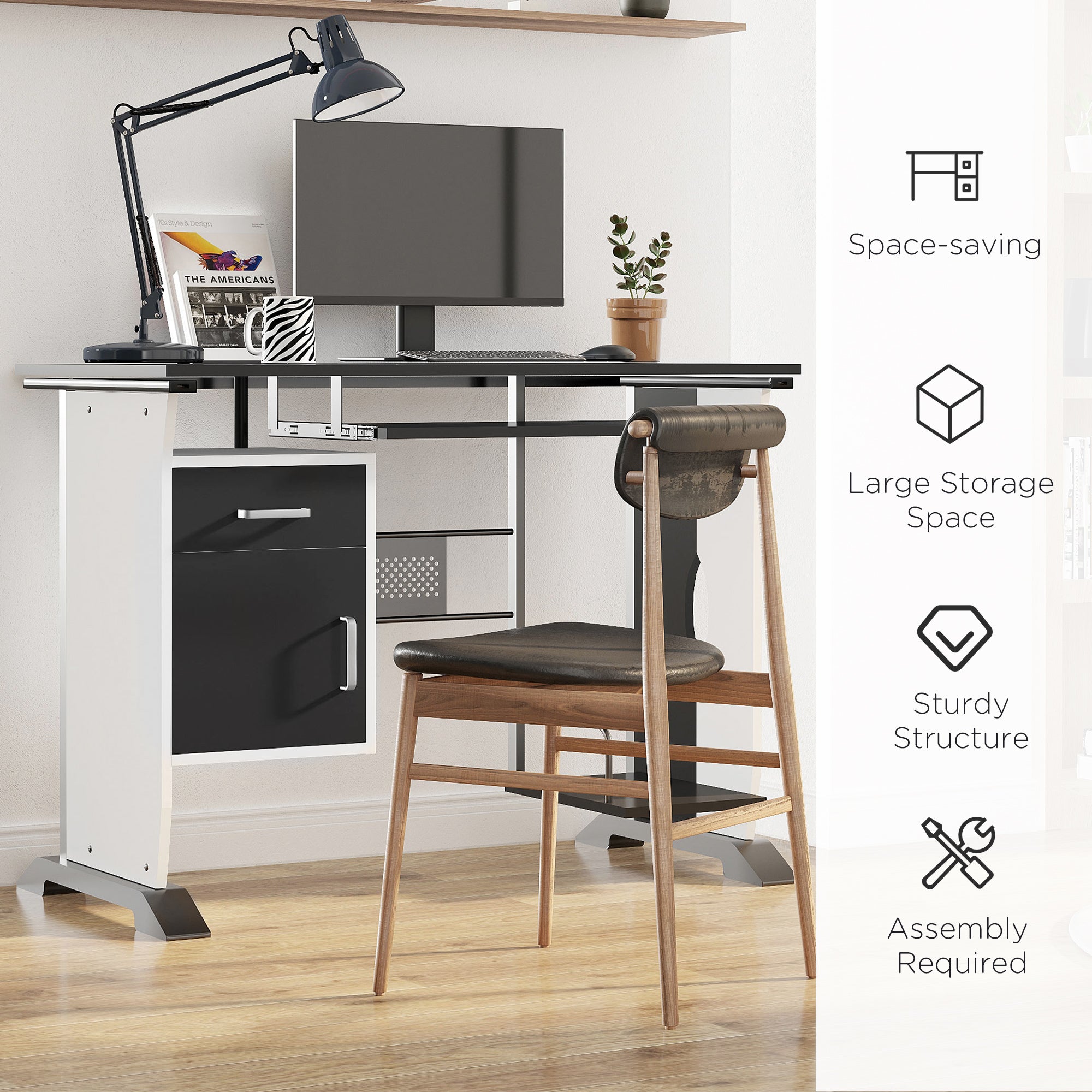 HOMCOM Computer Desk with Sliding Keyboard Tray, Storage Drawers and Host Box Shelf, Home Office Desk, Study Workstation, 100 x 52 x 75cm, Black - North Peak Garden Furniture