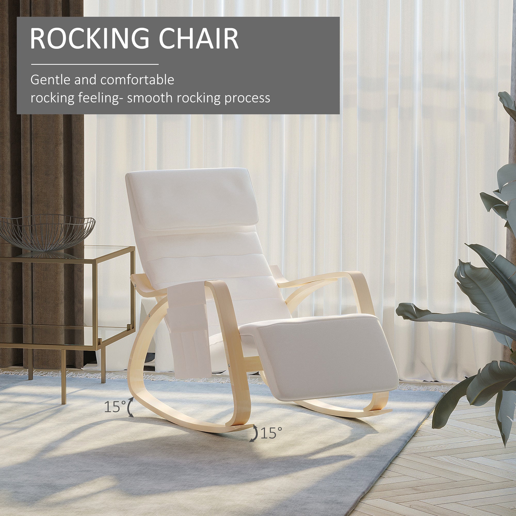 HOMCOM Rocking Lounge Chair Recliner Relaxation Lounging Relaxing Seat with Adjustable Footrest, Side Pocket and Pillow, Cream White - North Peak Garden Furniture