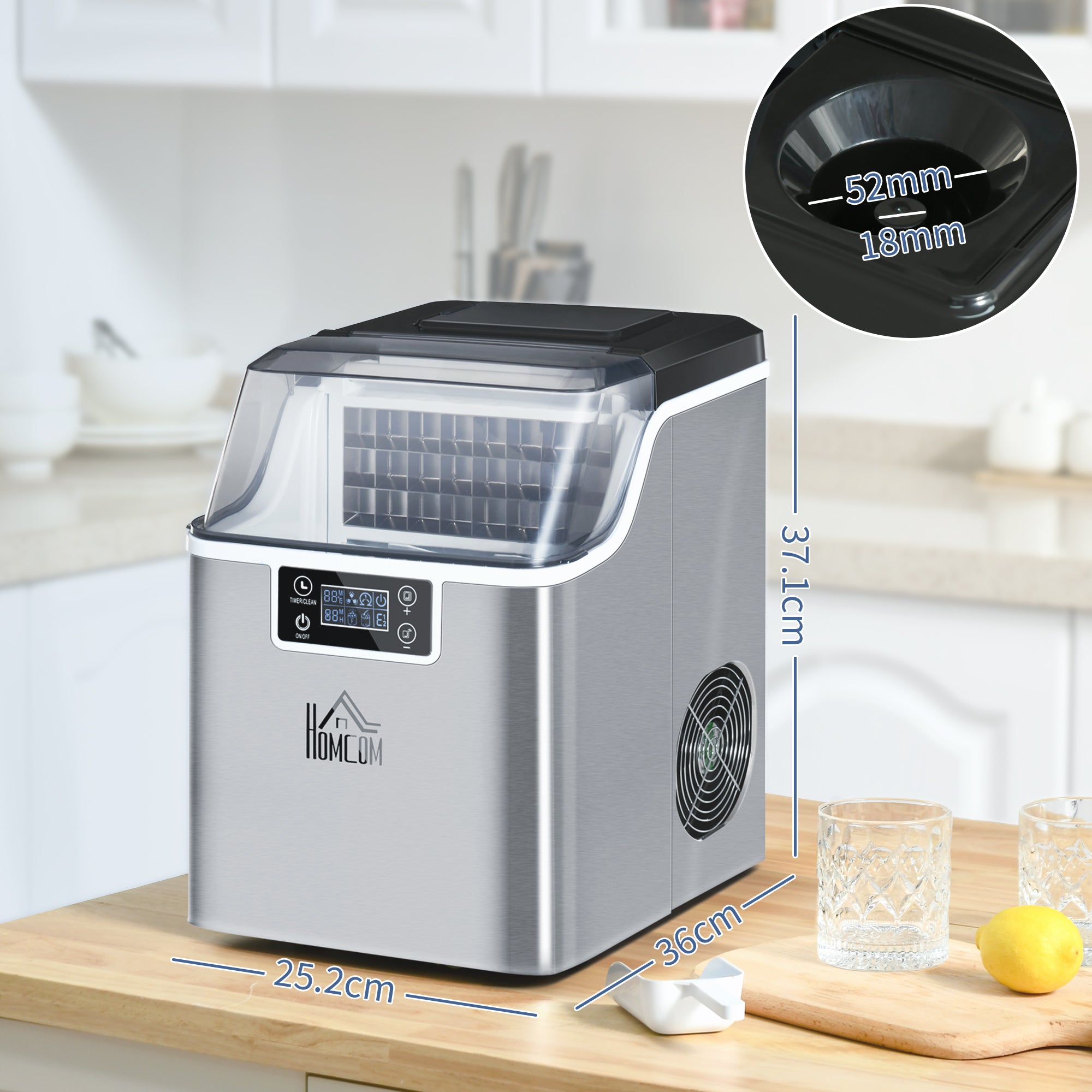 HOMCOM 3.2L Compact Ice Machine, with LCD Screen and Accessories - Silver-Tone - North Peak Garden Furniture