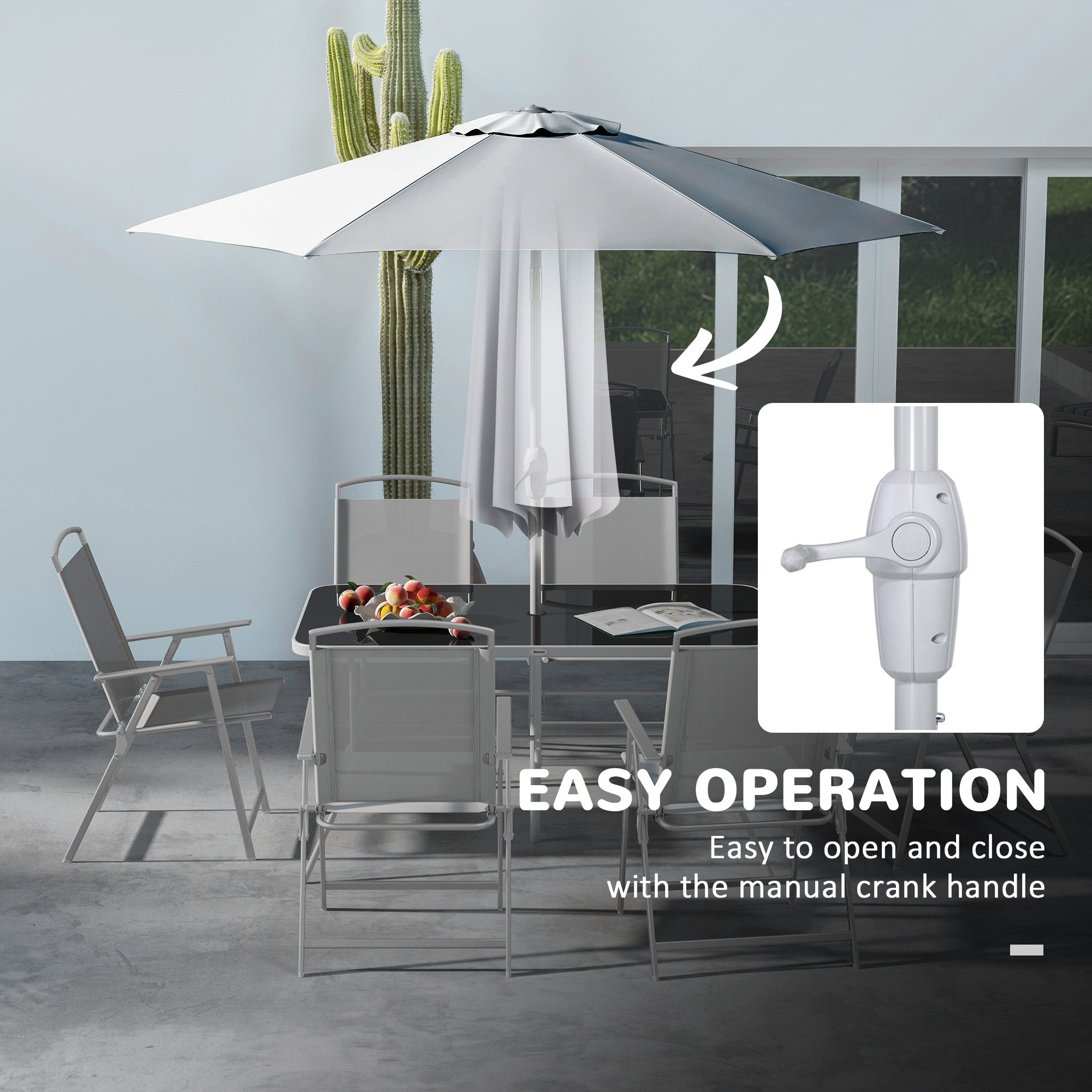 Outsunny Eight-Piece Garden Dining Set, with Chairs, Table and Parasol - Grey - North Peak Garden Furniture