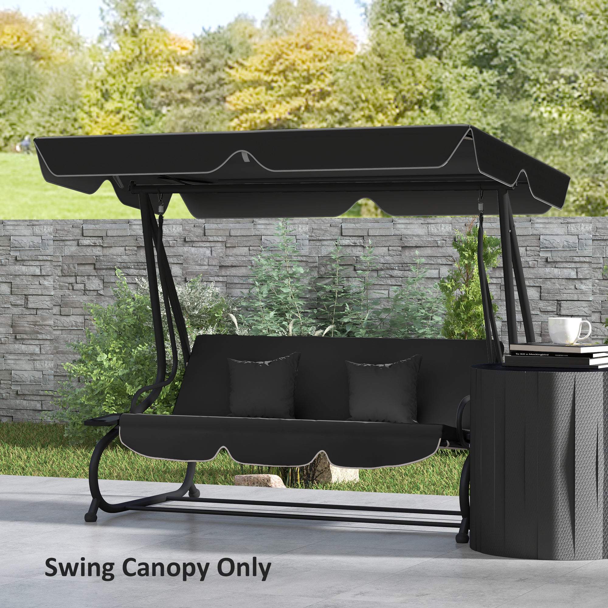 Outsunny Garden Swing Canopy Replacement 3 Seater, Waterproof Garden Swing Seat Canopy Cover, Windproof Anti-UV Sun Shade (Canopy Only) for Patio, Balcony, Black