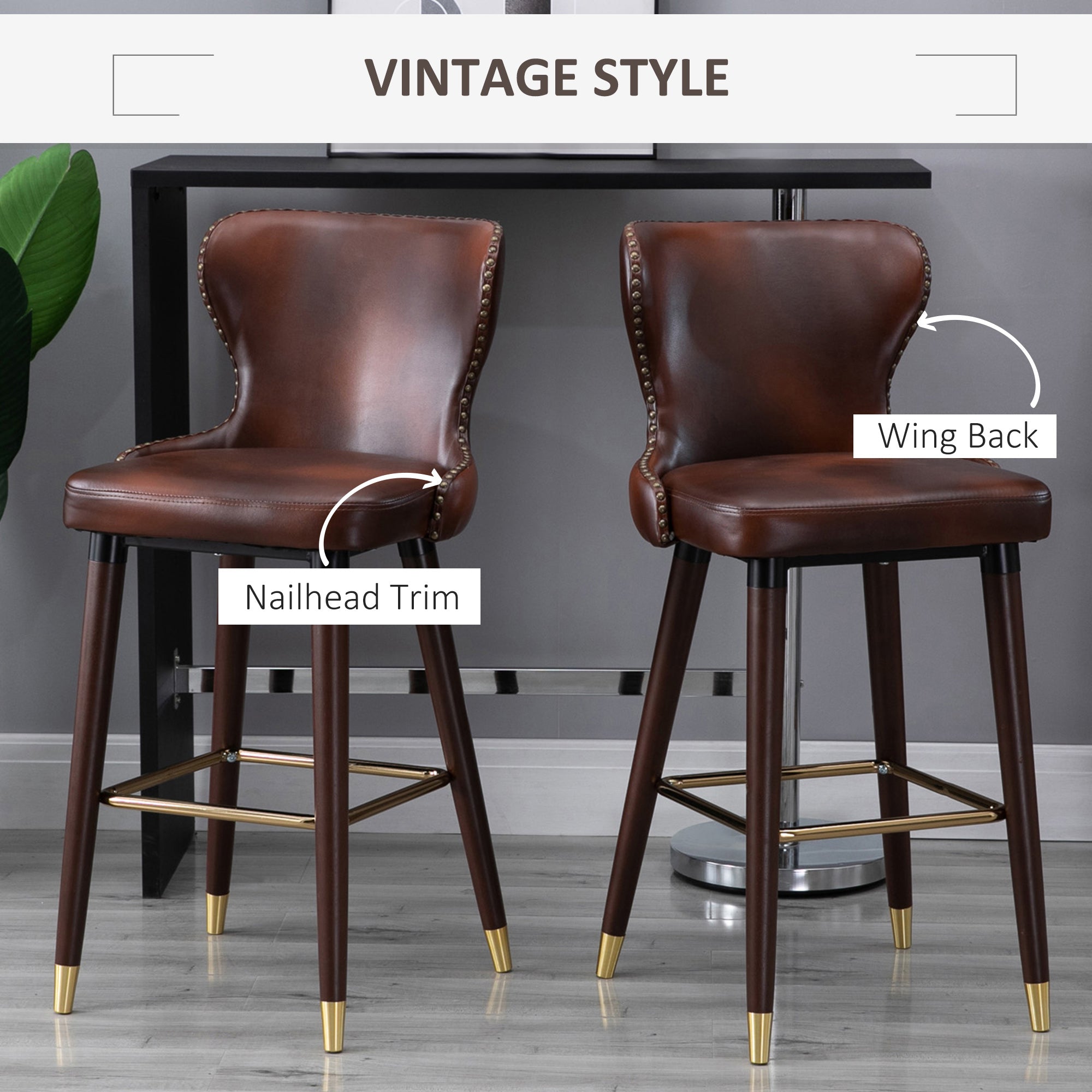 HOMCOM Bar Stools Set of 2, PU Leather Vintage Counter-Height Bar Chair, Luxury European Style Kitchen Stools with Back, Brown - North Peak Garden Furniture