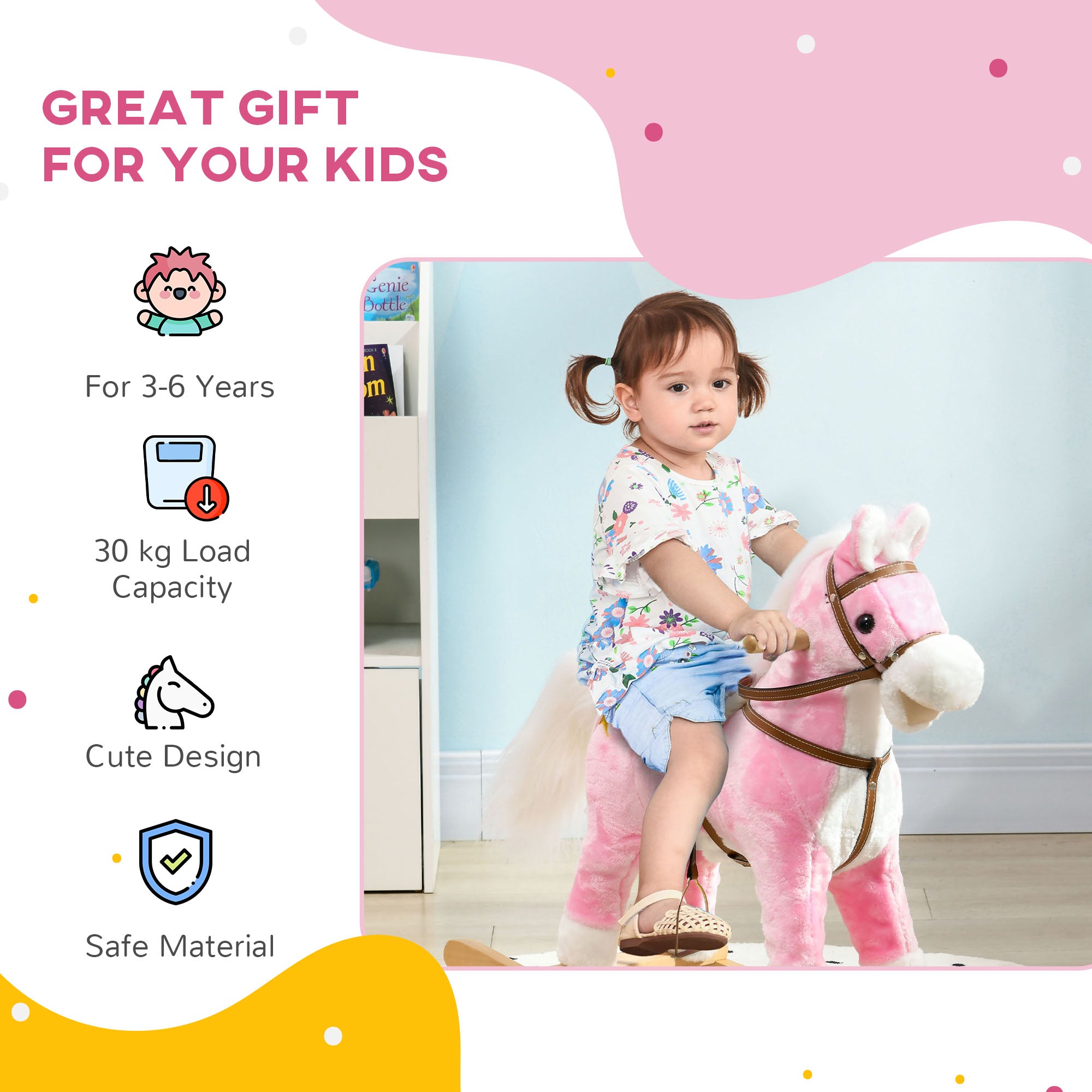 HOMCOM Wooden Rocking Horse with Music, Sound, Saddle for Ages 3-6 Years - North Peak Garden Furniture