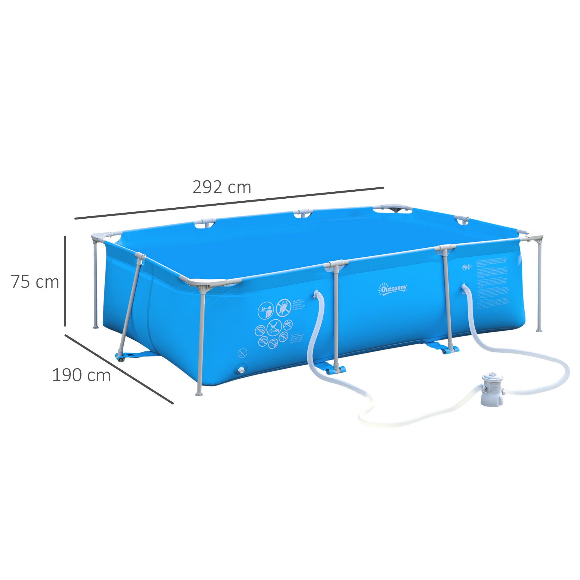 Outsunny Steel Frame Pool with Filter Pump, Filter Cartridge, Reinforced Sidewalls Rust Resistant Above Ground Swimming Pool 292 x 190 x 75cm, Blue