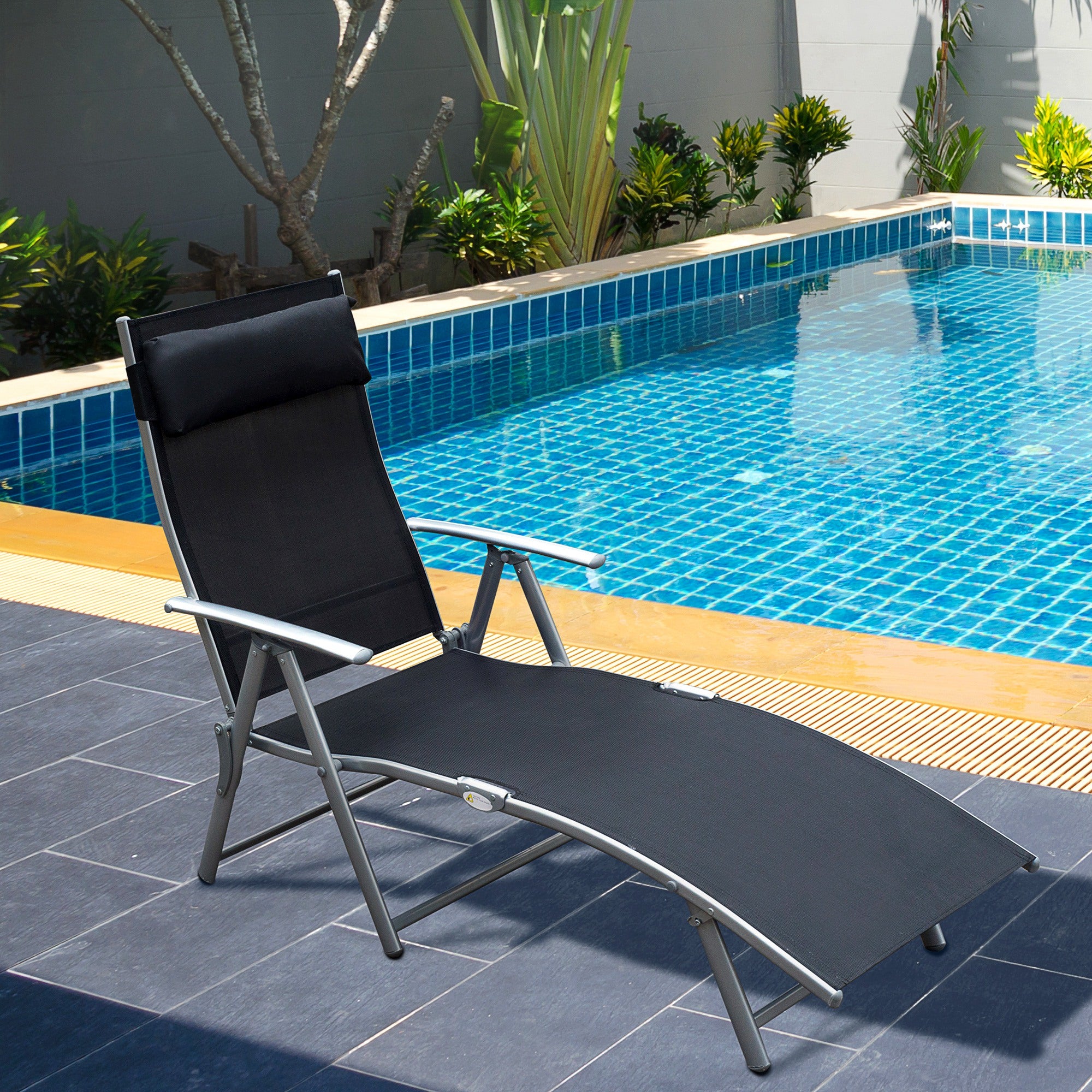 Outsunny Sun Lounger Steel Frame Outdoor Folding Chaise Texteline Lounge Chair Recliner with Headrest & 7 Levels Adjustable Backrest, Black - North Peak Garden Furniture
