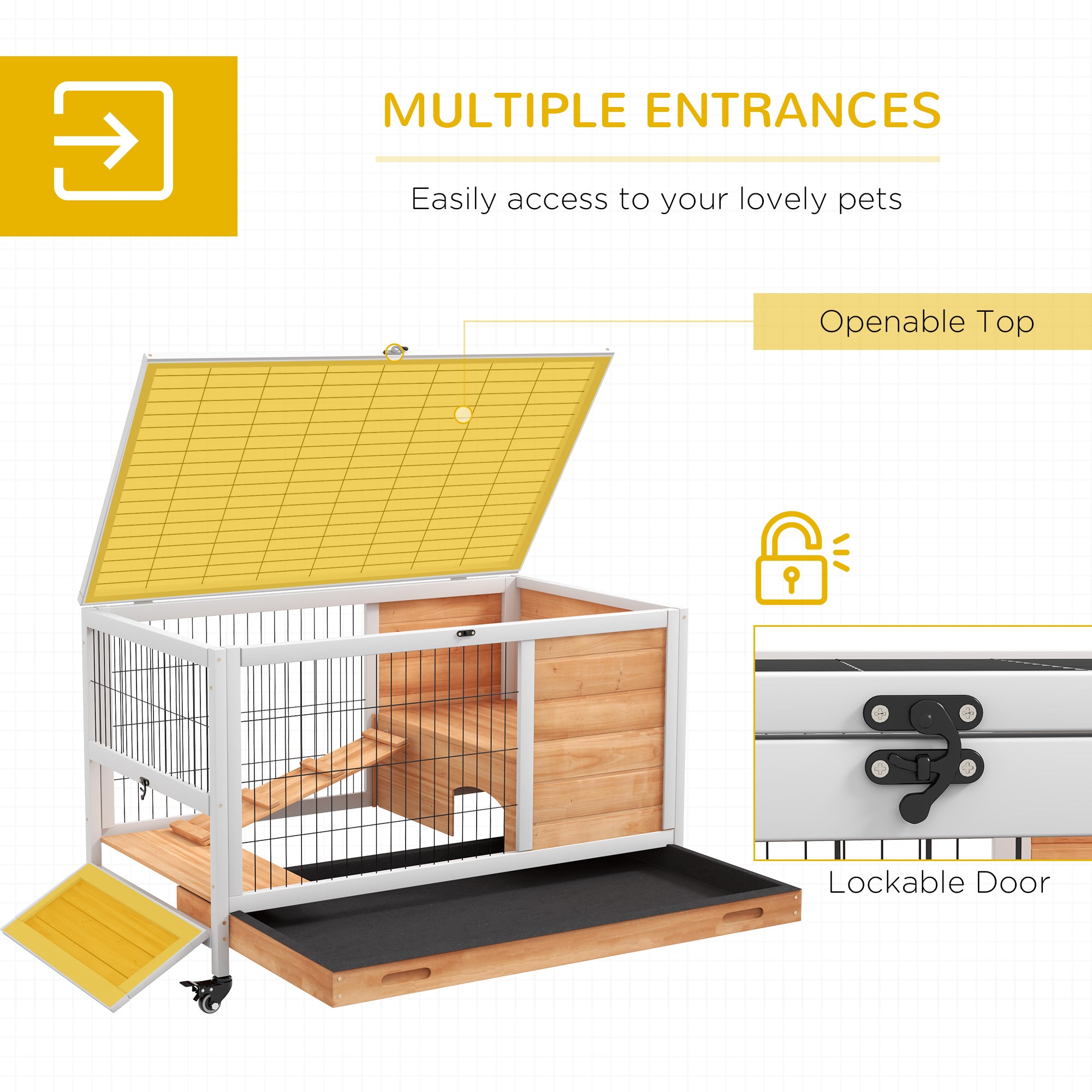 PawHut Wooden Guinea Pig Hutch, 2-Floor Bunny Cage w/ Enclosed Run Area, Yellow - North Peak Garden Furniture