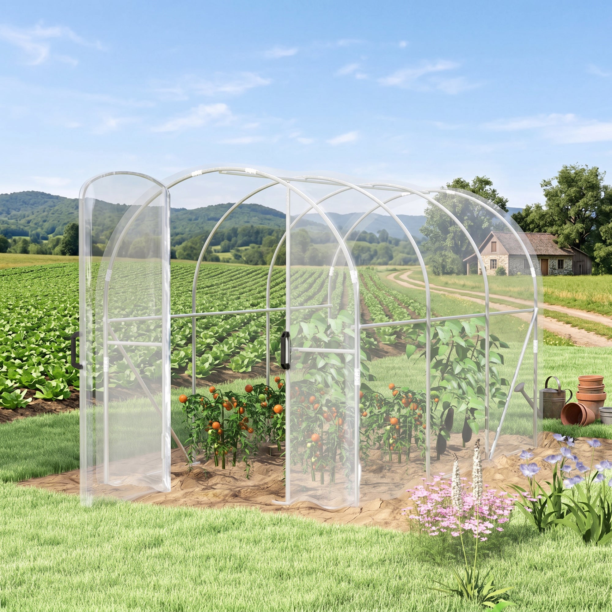 Outsunny Polytunnel Greenhouse Walk-in Grow House with PE Cover, Door and Galvanised Steel Frame, 3 x 2 x 2m, Clear