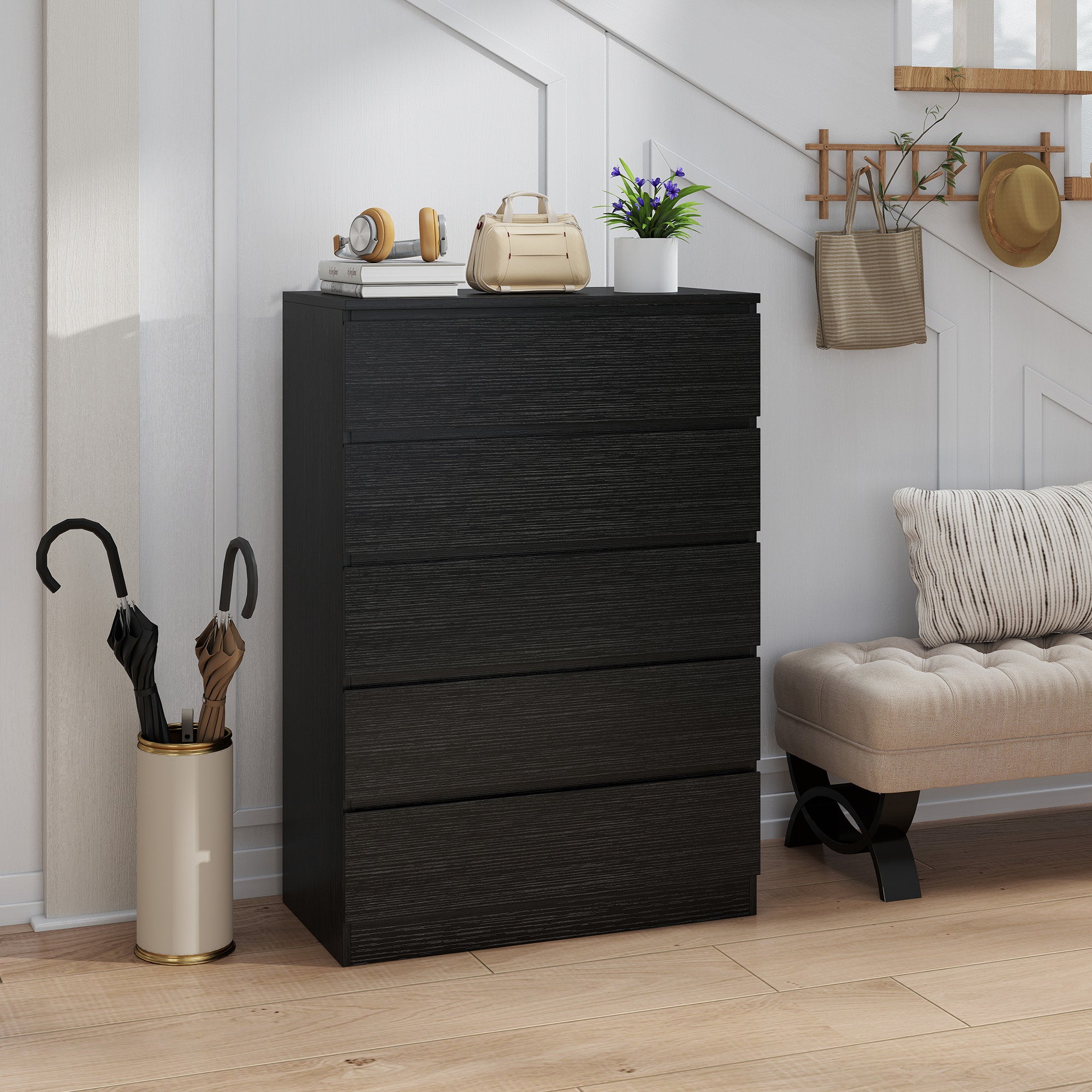 HOMCOM Chest of Drawers, 5 Drawer Dresser, Modern Storage Cabinet with 5 Drawers, for Bedroom, Living Room, Black