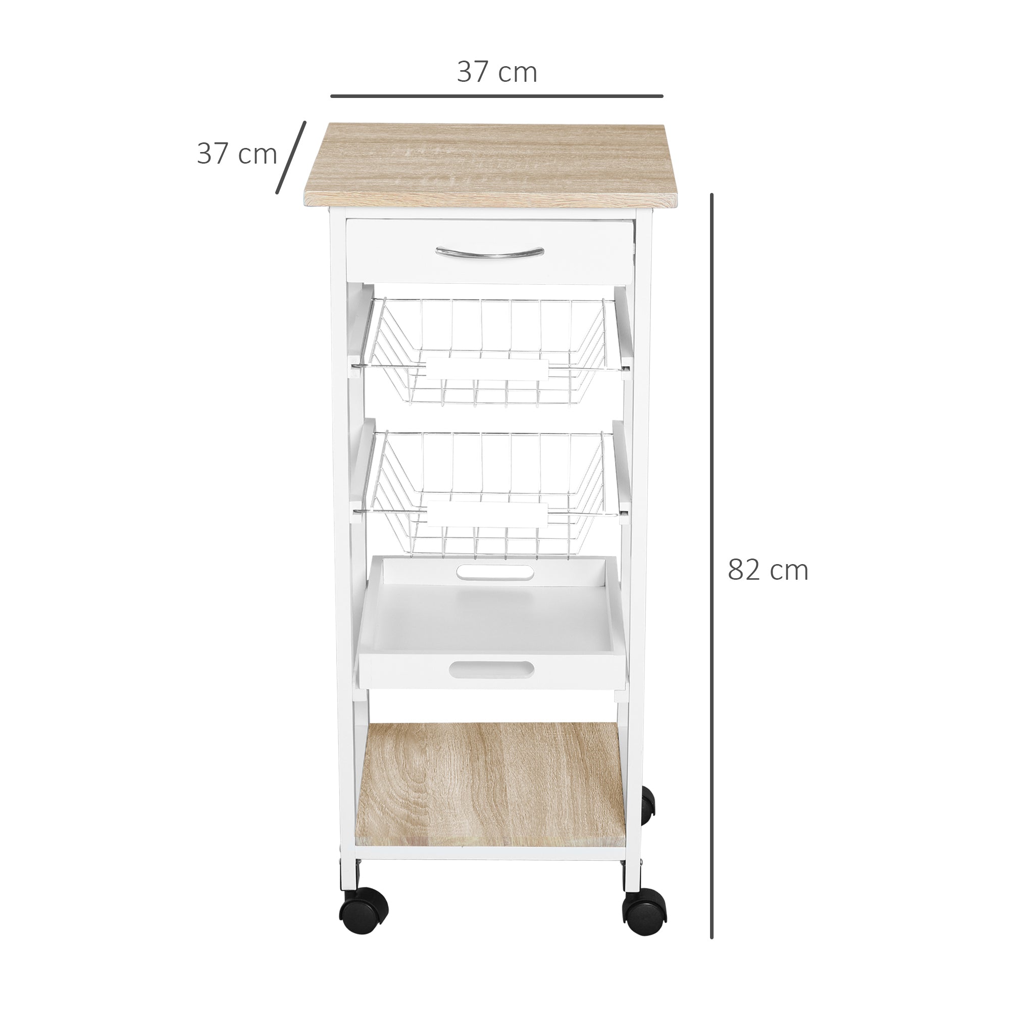HOMCOM Mobile Rolling Kitchen Island Trolley for Home w/ Metal Baskets Trays Shelves Wheels Compact Stylish Storage White - North Peak Garden Furniture