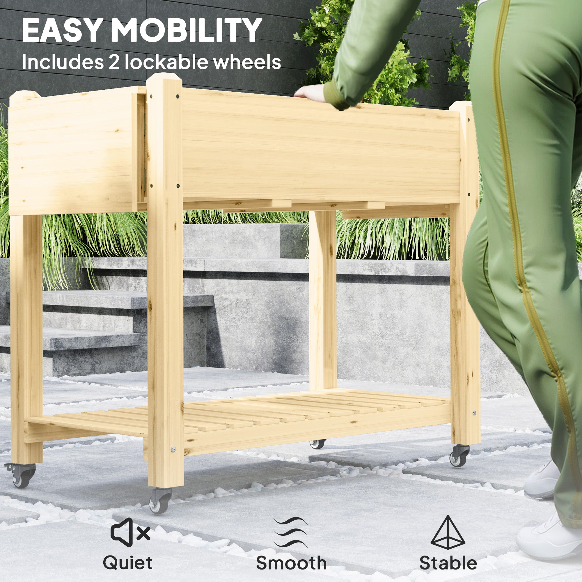 Outsunny 46 x 94cm Wooden Raised Planter, with Shelves - Natural Finish - North Peak Garden Furniture