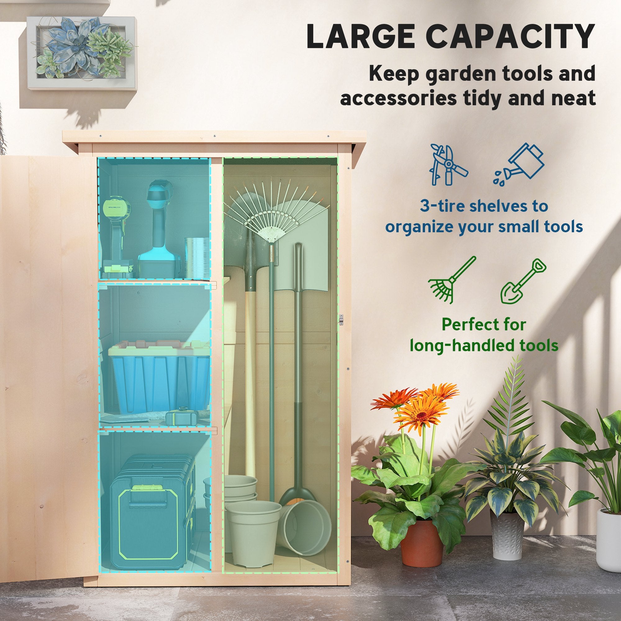 Outsunny Garden Shed Wooden Garden Storage Shed Fir Wood Tool Cabinet Organiser with Shelves 75L x 56W x115Hcm Natural