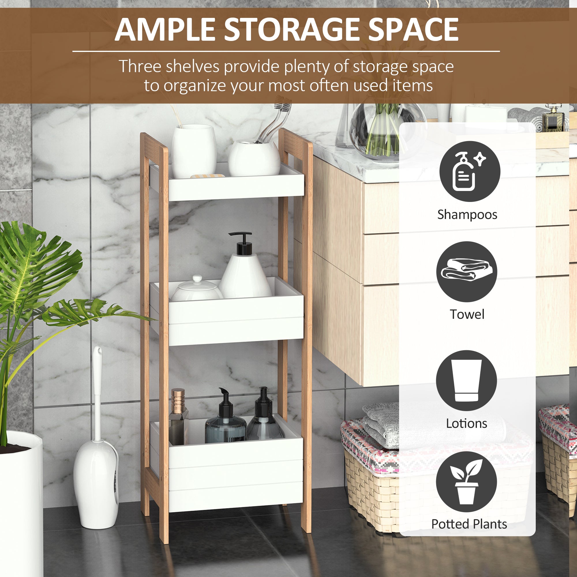 HOMCOM 3-Tier Bathroom Rack Storage Shelf Bamboo Organiser Shower Tower for Narrow Place - North Peak Garden Furniture