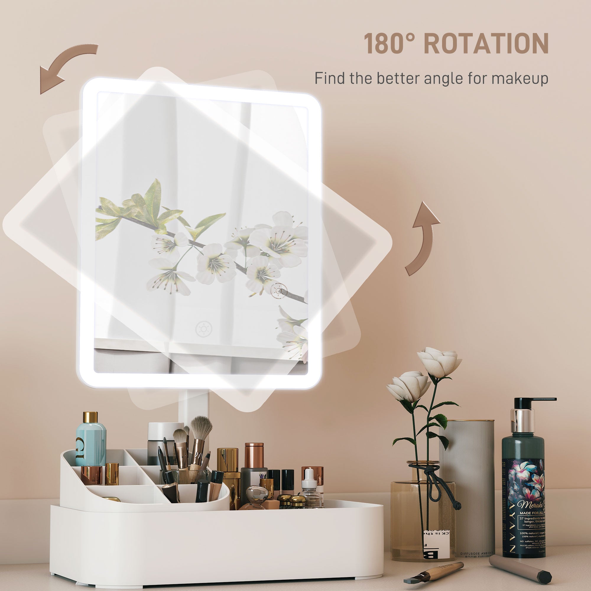 HOMCOM Makeup Mirror with Lights, Rechargeable Vanity Mirror w/ Touch Screen, 2 Lighting Modes and 180° Rotation, White