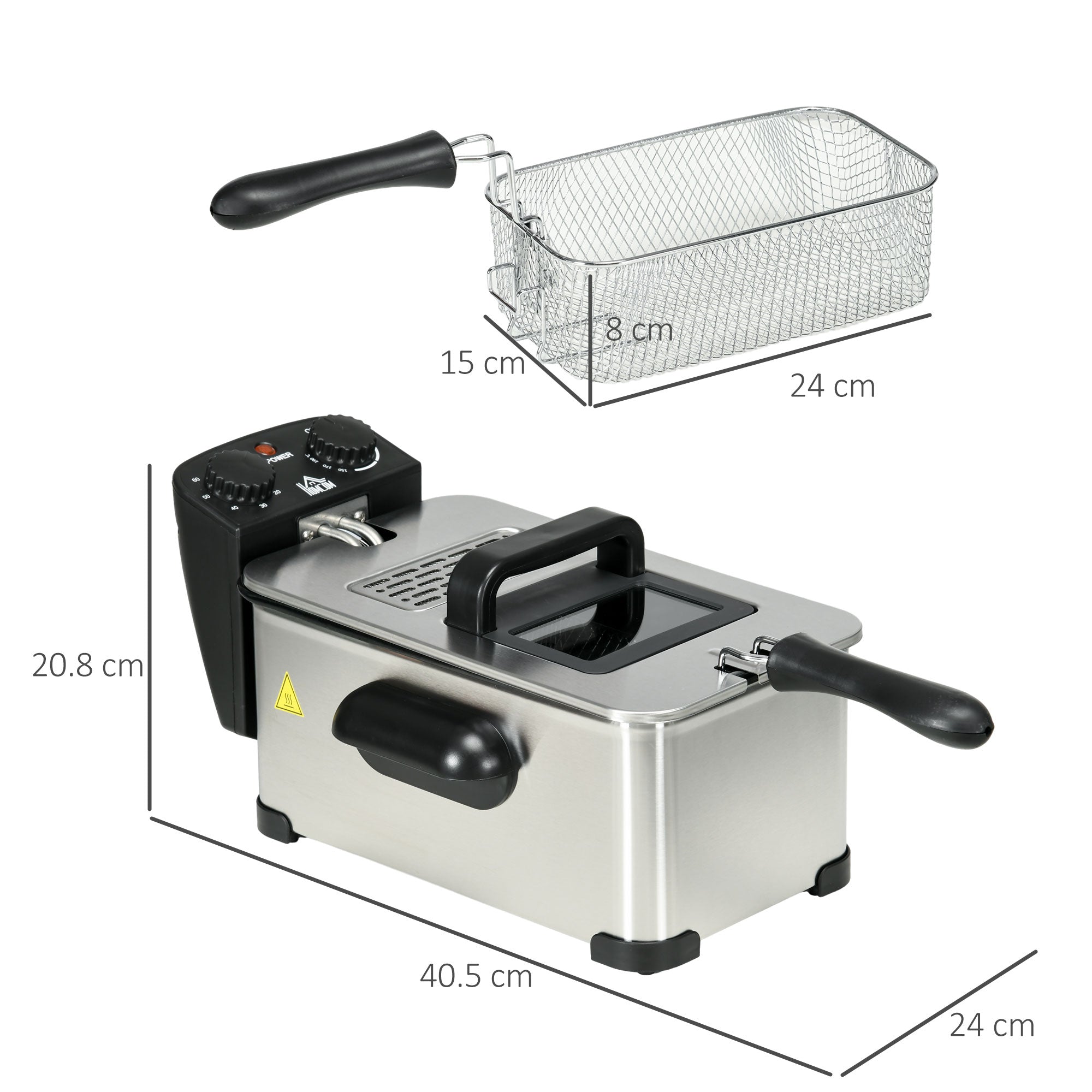 HOMCOM 3 Litre Stainless Steel Deep Fat Fryer with Adjustable Temp, 60min Timer, Viewing Window and Safety Cut Out, 2000W - North Peak Garden Furniture