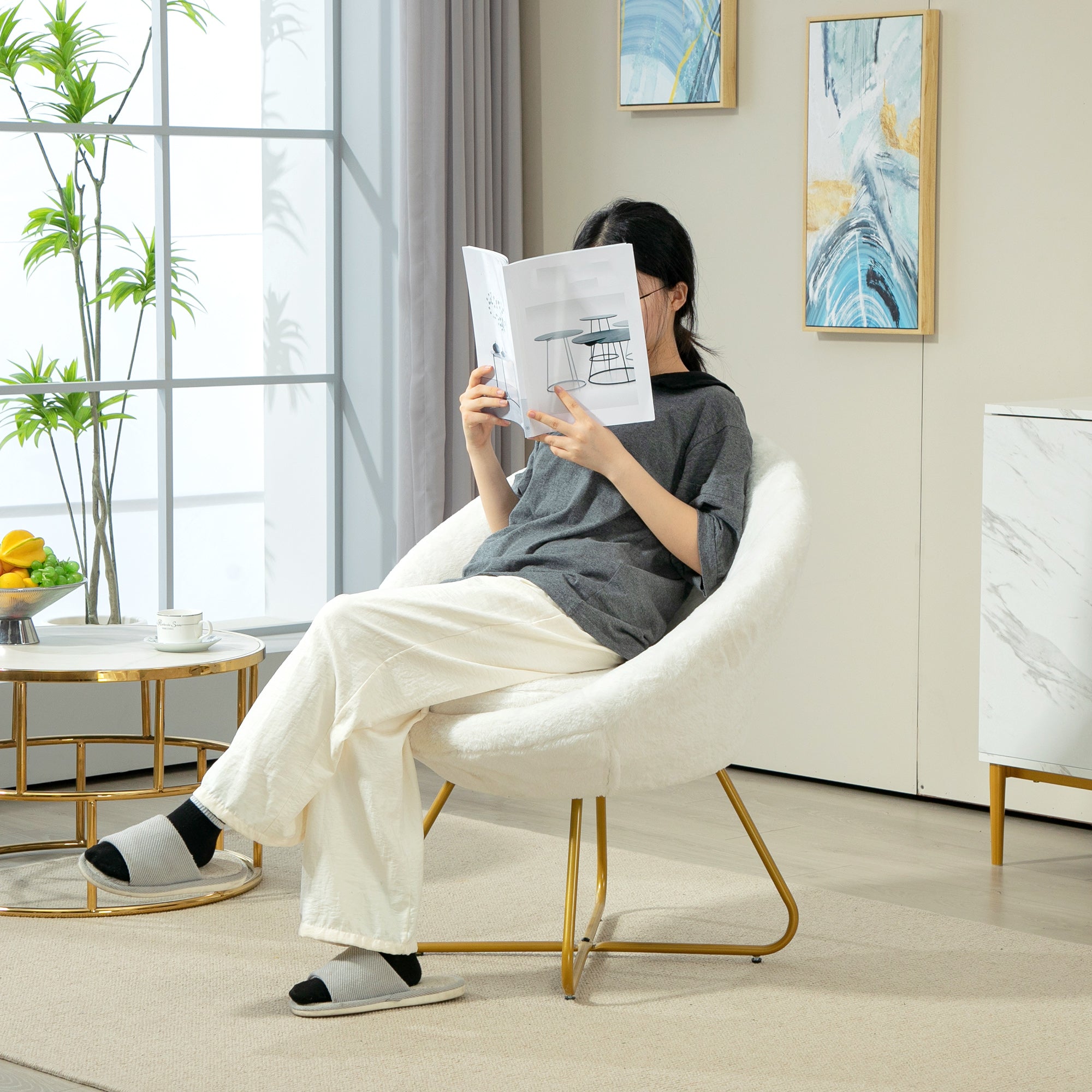 HOMCOM Faux Fur Accent Chair with Golden Metal Legs, Upholstered Comfy Chair with Non-Slip Footpads, Seat Cushion for Bedroom, Living Room and Office, White - North Peak Garden Furniture