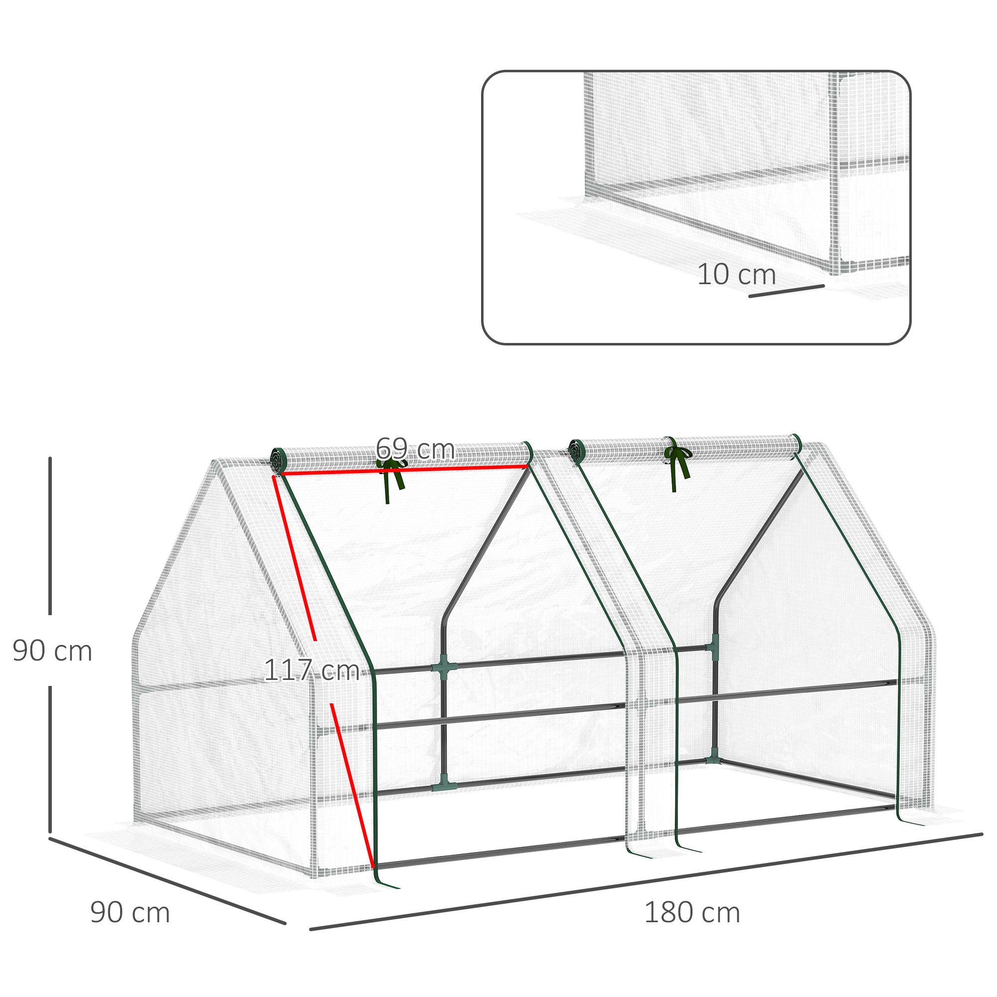 Outsunny Mini Small Greenhouse with Steel Frame & PE Cover & Zipped Window Poly tunnel Steeple for Plants Vegetables, 180 x 90 x 90 cm, White - North Peak Garden Furniture