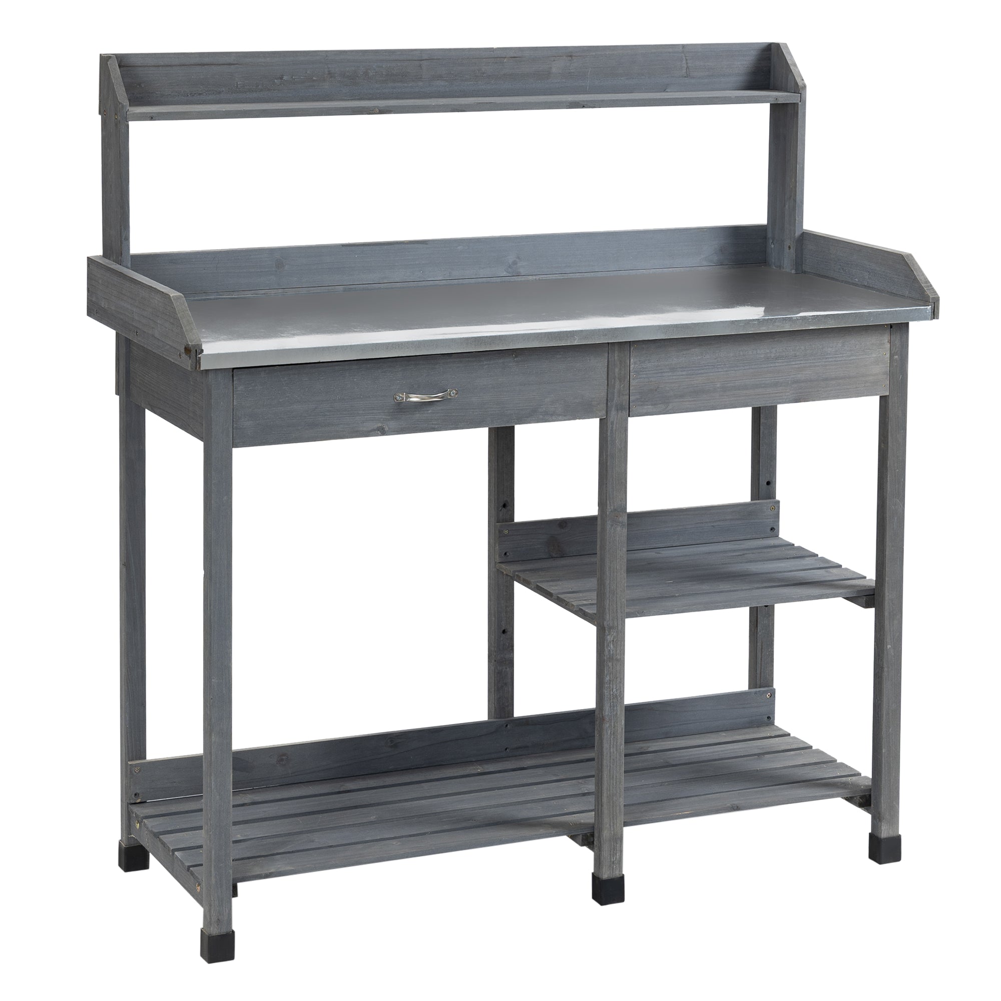 Outsunny Garden Potting Table, Wooden Workstation Bench w/ Galvanized Metal Tabletop, Drawer, Storage Shelves and Hooks for Patios, Courtyards, Balcony - North Peak Garden Furniture