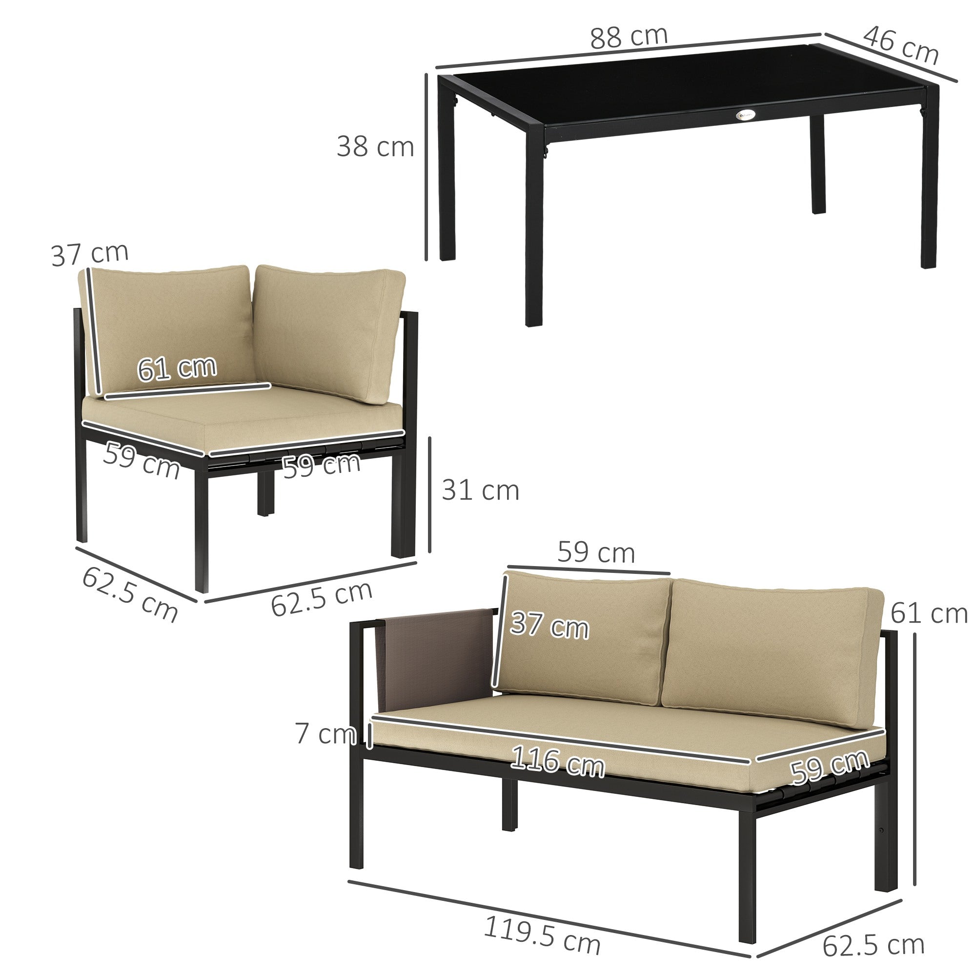 Outsunny 5 Seater Garden Corner Sofa Set, 4 Pieces Metal Garden Furniture Set with Loveseats, Glass Top Coffee Table, Breathable Mesh Pocket, Outdoor Conversation Furniture with Cushions, Khaki - North Peak Garden Furniture