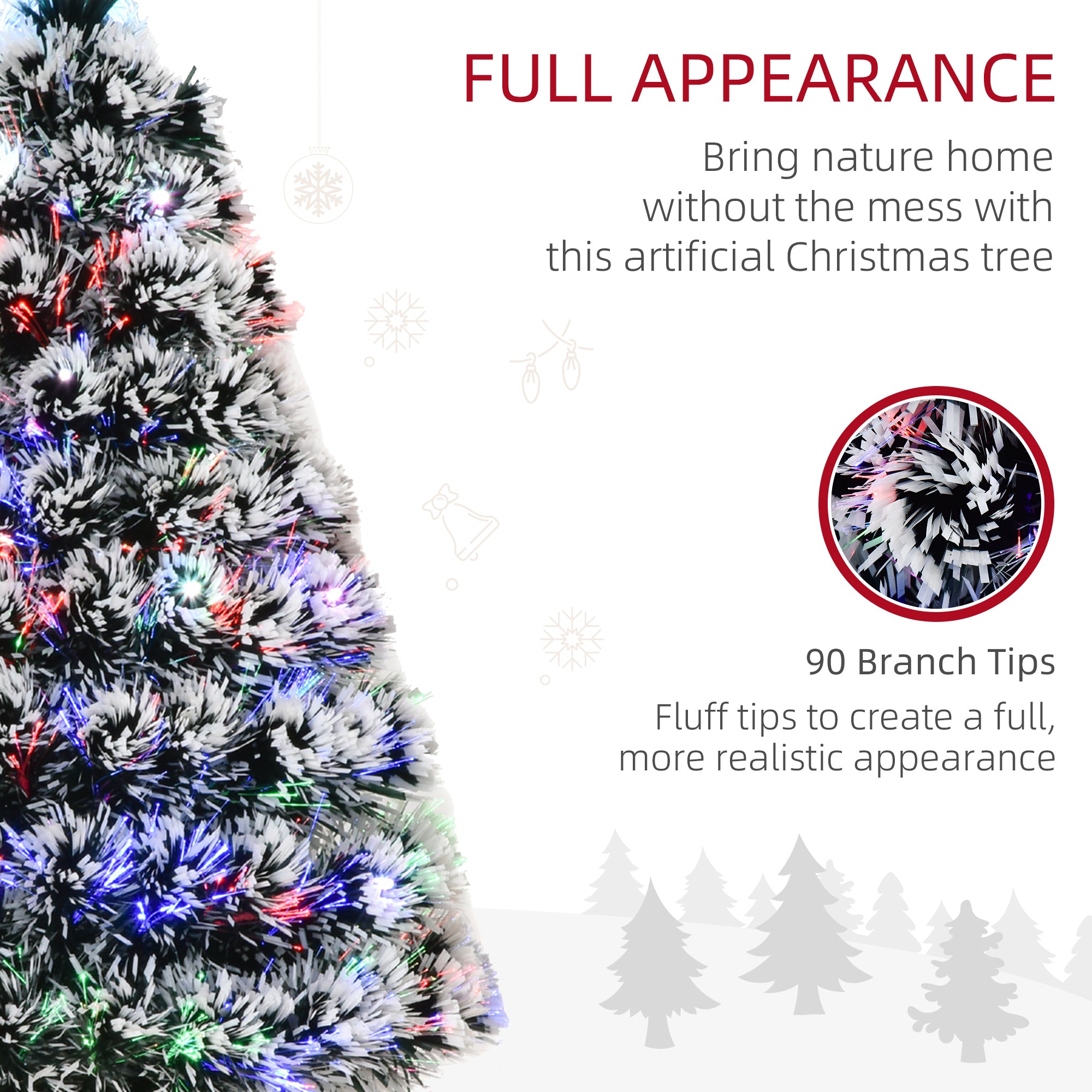 HOMCOM 3ft Artificial Prelit Christmas Tree, Snow Xmas Tree with Colourful LED Lighting Fiber Optics, Green White - North Peak Garden Furniture