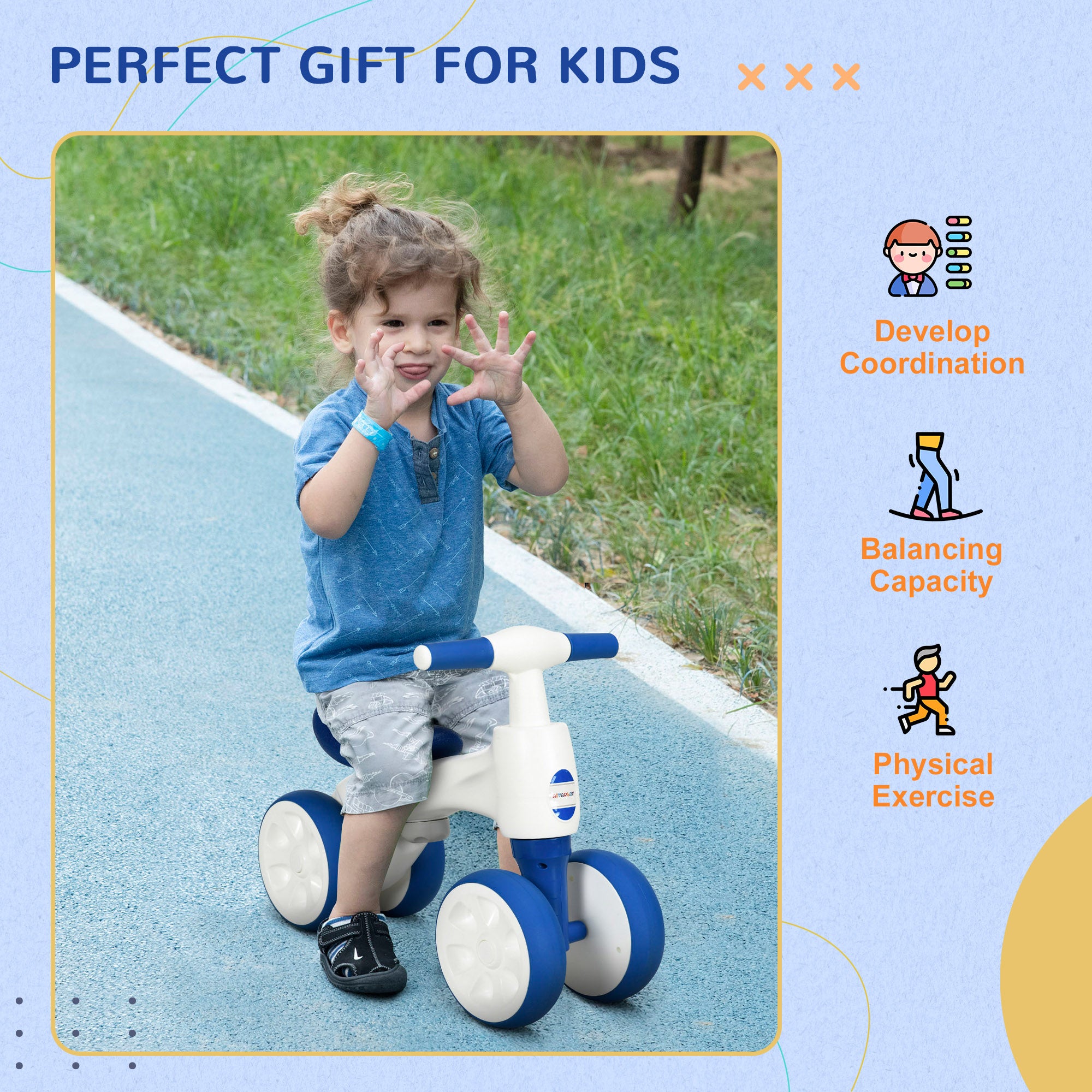 AIYAPLAY Balance Bike for Ages 18-36 Months, with Anti-Slip Handlebars, Four Wheels, No Pedal - Blue - North Peak Garden Furniture