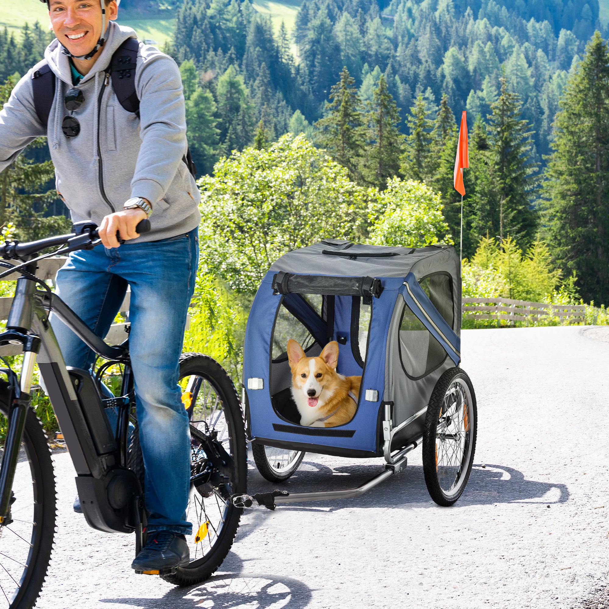 PawHut Folding Dog Bike Trailer Pet Cart Carrier for Bicycle Travel in Steel Frame with Hitch Coupler - Blue & Grey - North Peak Garden Furniture