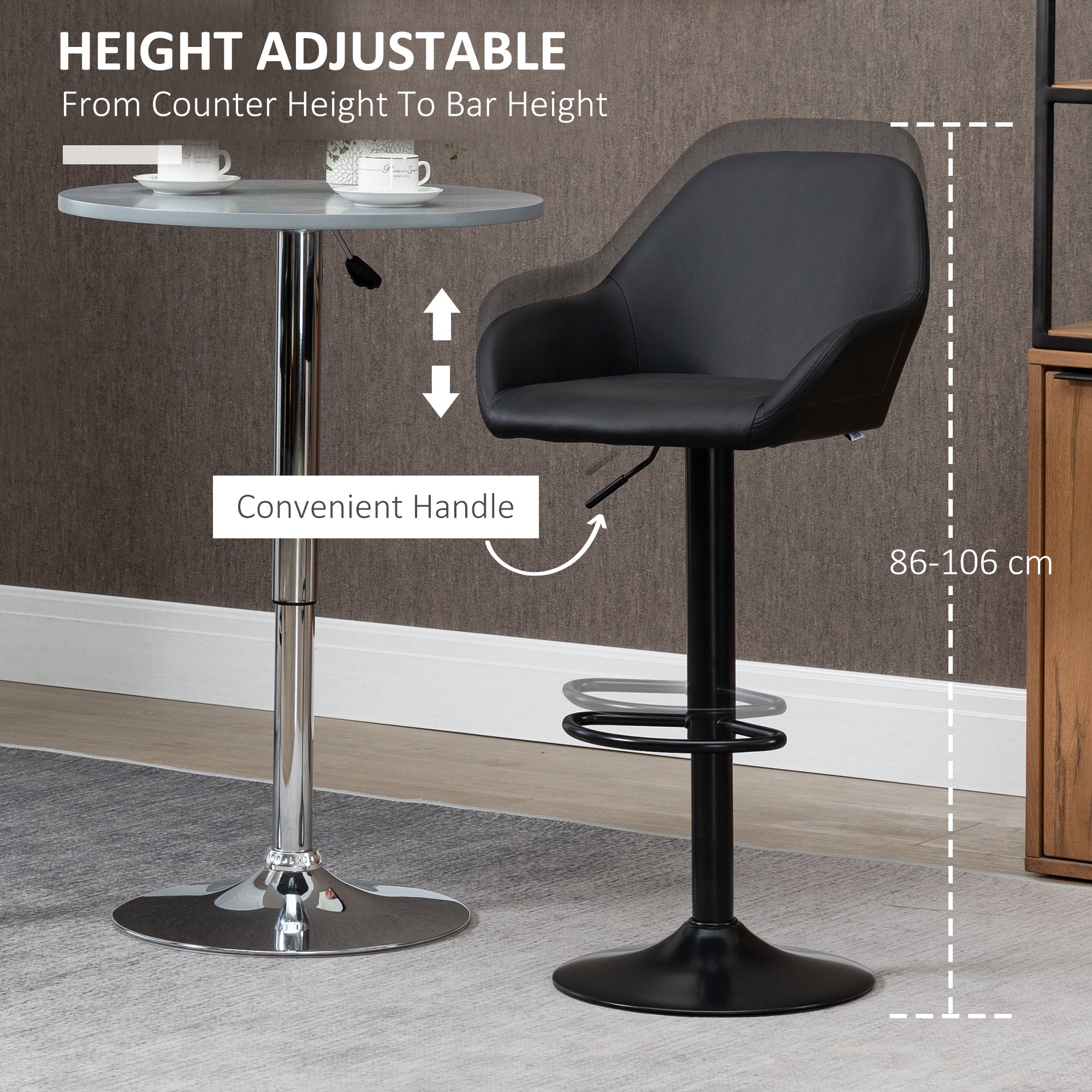 HOMCOM Adjustable Bar Stools Set of 2, Swivel Barstools with Footrest and Backrest, PU Leather and Steel Base, for Kitchen Counter and Dining Room, Black - North Peak Garden Furniture