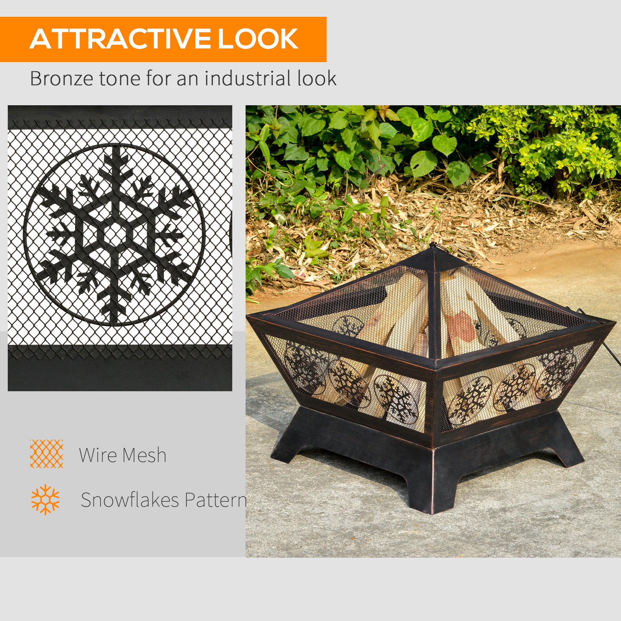 Outsunny Metal Fire Pit: Square Outdoor Patio Firepit Bowl with Spark Screen & Poker, 61 x 61 x 52cm, Black Finish | Aosom UK