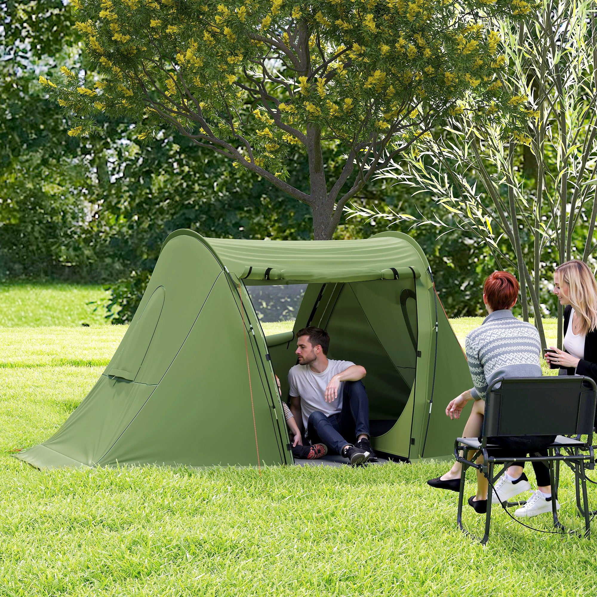 Outsunny 3 Man Camping Tent with Living Area and 2 Bedrooms, 3000mm Waterproof Family Tent with Sewn-in Groundsheet, Portable with Bag for Hiking, Festival, Backpacking, Green