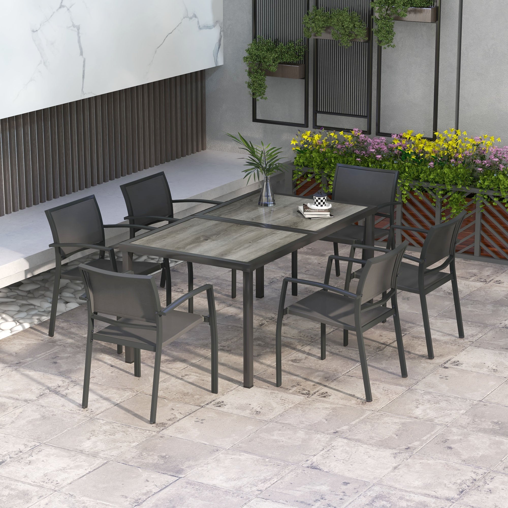 Outsunny Seven-Piece Casual Outdoor Dining Set, with Wood-Effect Table - Grey - North Peak Garden Furniture