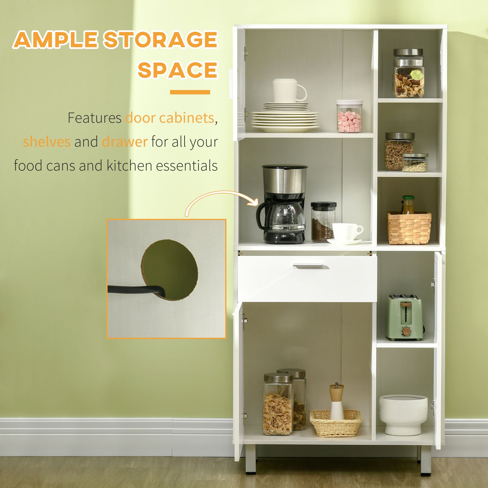 HOMCOM Kitchen Cupboard, Modern Kitchen Storage Cabinet with Shelves and Drawer, Free Standing Kitchen Units, 166 cm, White - North Peak Garden Furniture