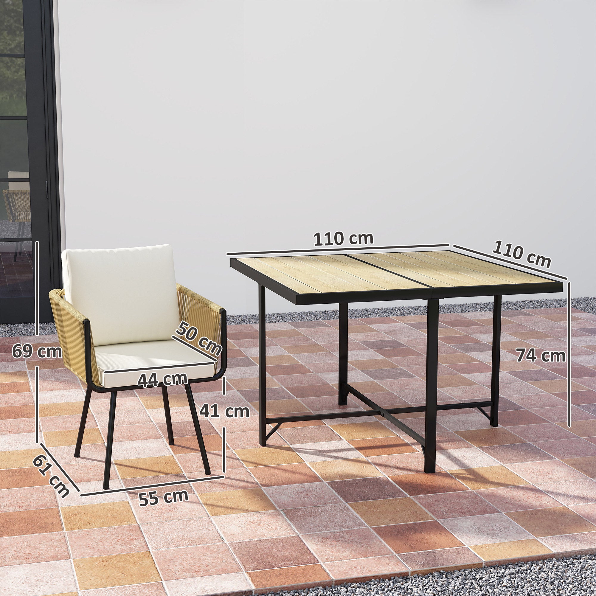 Outsunny 5 Piece Garden Furniture Set, Garden Dining Set with Wood-Plastic Table and 4 Stackable Chairs, Beige