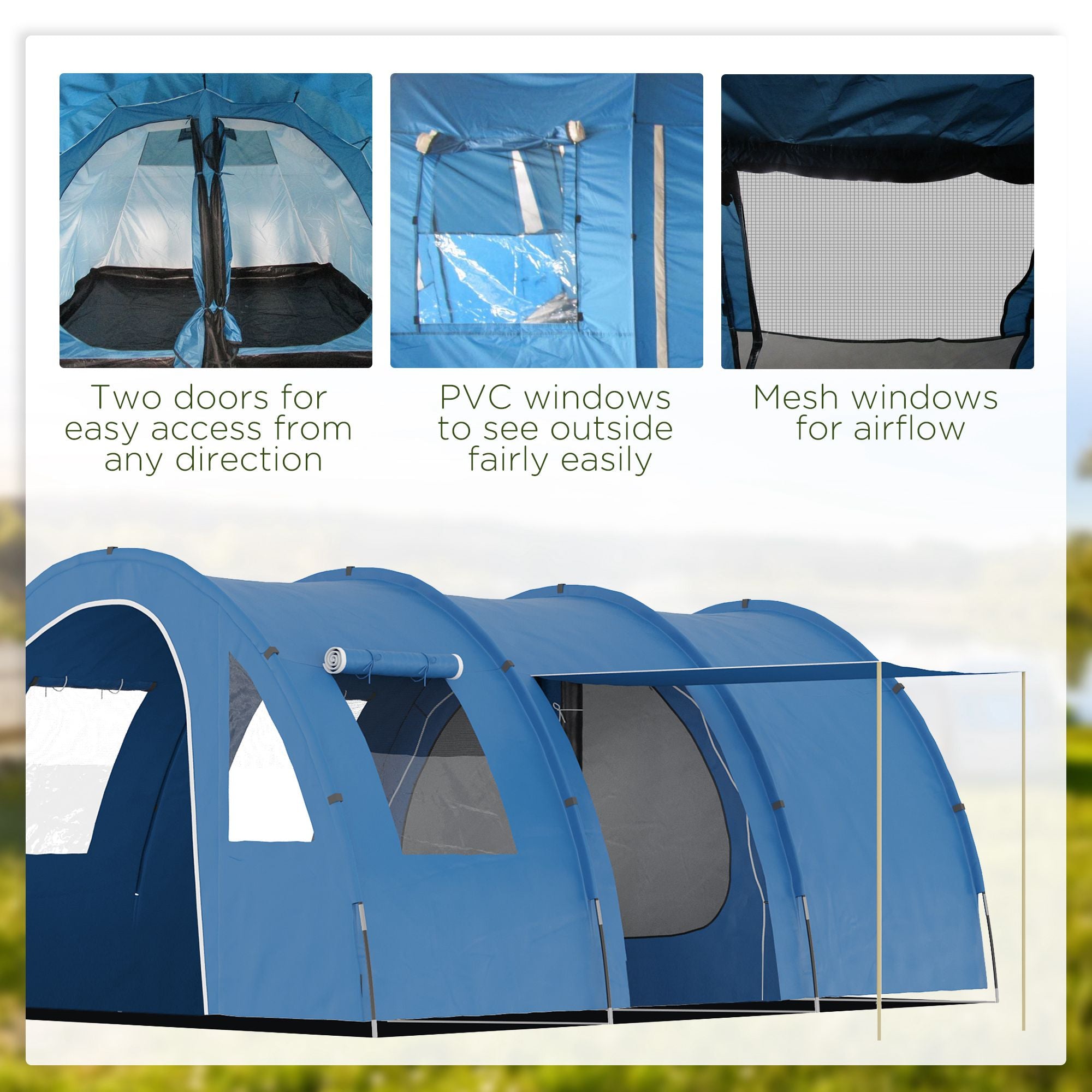 Outsunny 5-6 Man Tunnel Tent, Two Room Camping Tent with Floor, 2 Doors and Carry Bag, 2000mm Water Column for Fishing, Hiking, Sports, Festival - North Peak Garden Furniture