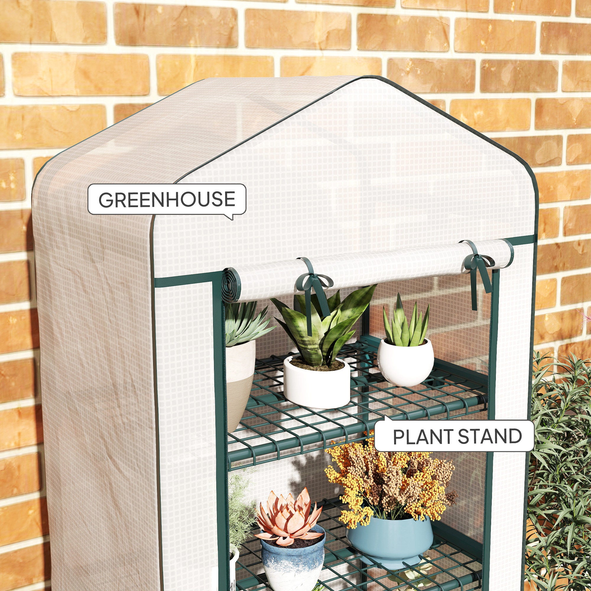 Outsunny 4 Tier Mini Portable Greenhouse Compact Plant Grow Shed Metal Frame PE Cover with Lockable Rolling Wheels, White