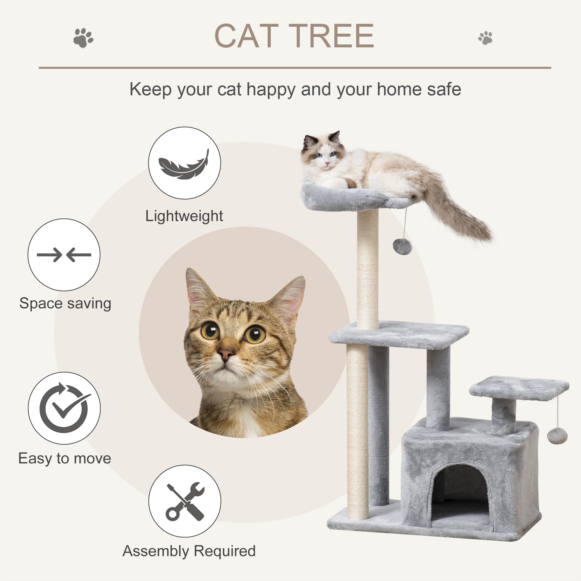 PawHut Feline Fun Tower: 114cm Tall Activity Centre with Scratching Posts, Perch, Dangling Ball & Condo, Light Grey