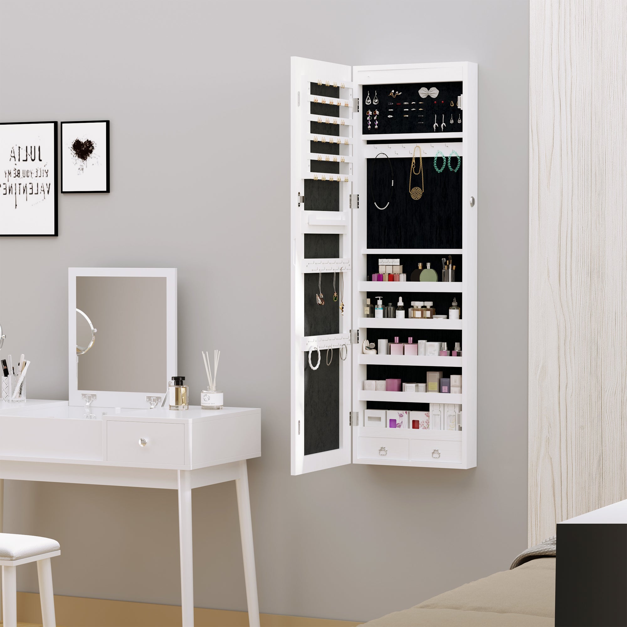 HOMCOM Jewelry Cabinet with Mirror and LED Lights, Lockable Makeup Cosmetics Jewellery Organiser, Mirror with Storage for Bedroom Dressing Room, White - North Peak Garden Furniture