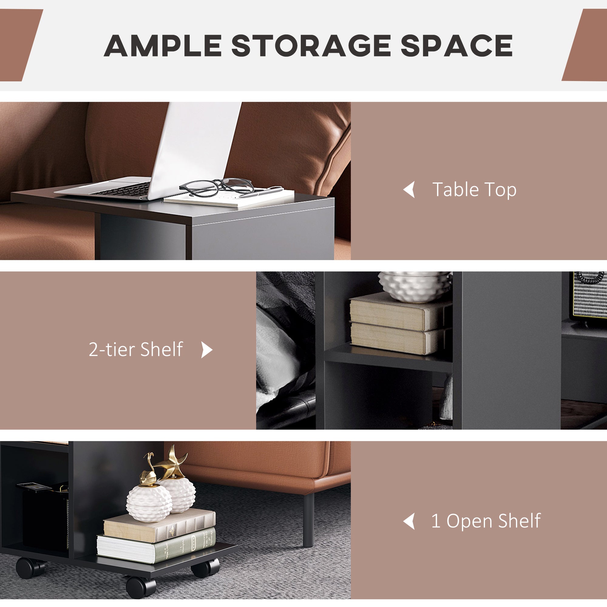 HOMCOM C-Shape End Table Unique Storage Unit w/ 2 Shelves 4 Wheels Freestanding Home Furniture Cabinet Square Black - North Peak Garden Furniture