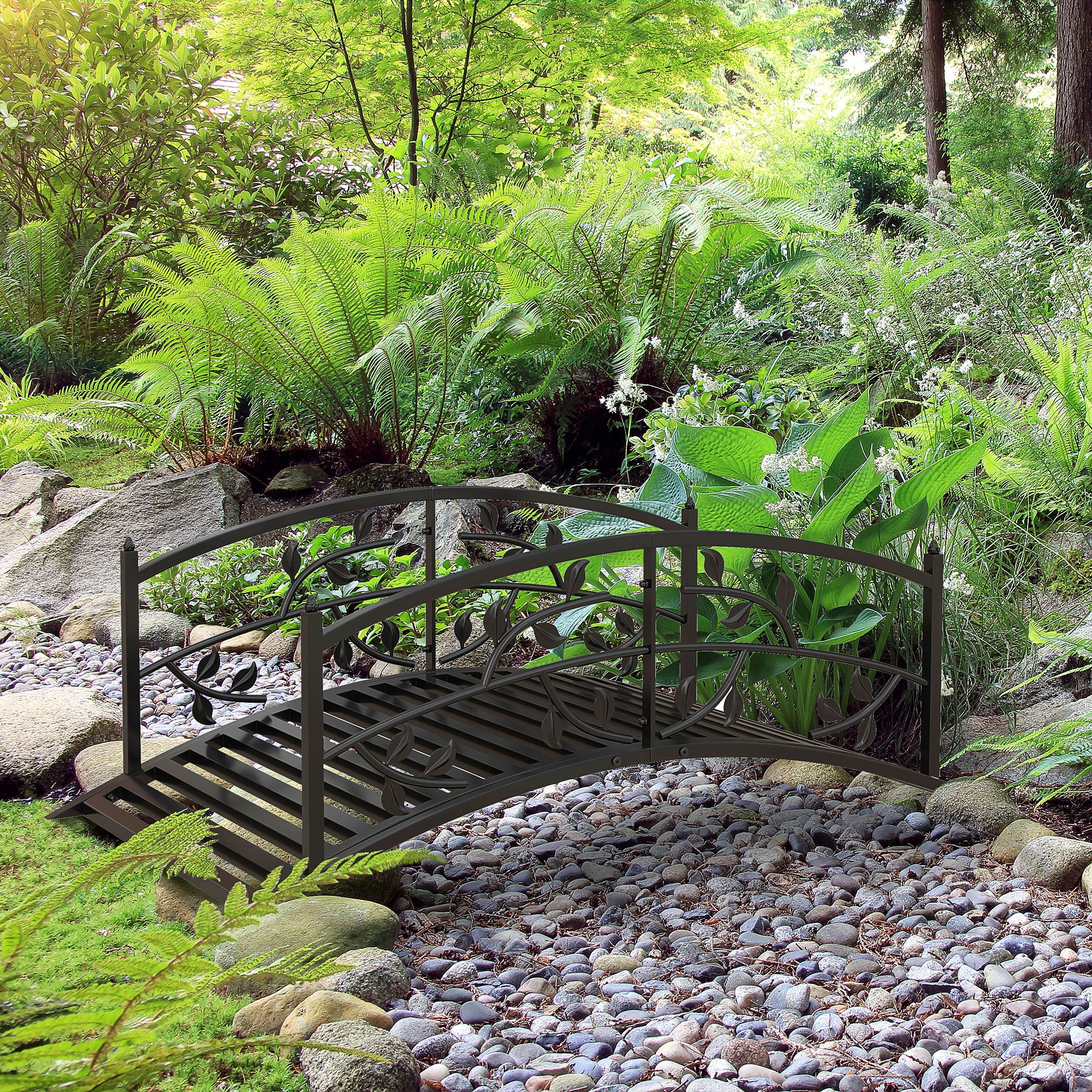 Outsunny 1.2M Metal Decorative Vine Pattern Arch Garden Bridge, Black - North Peak Garden Furniture