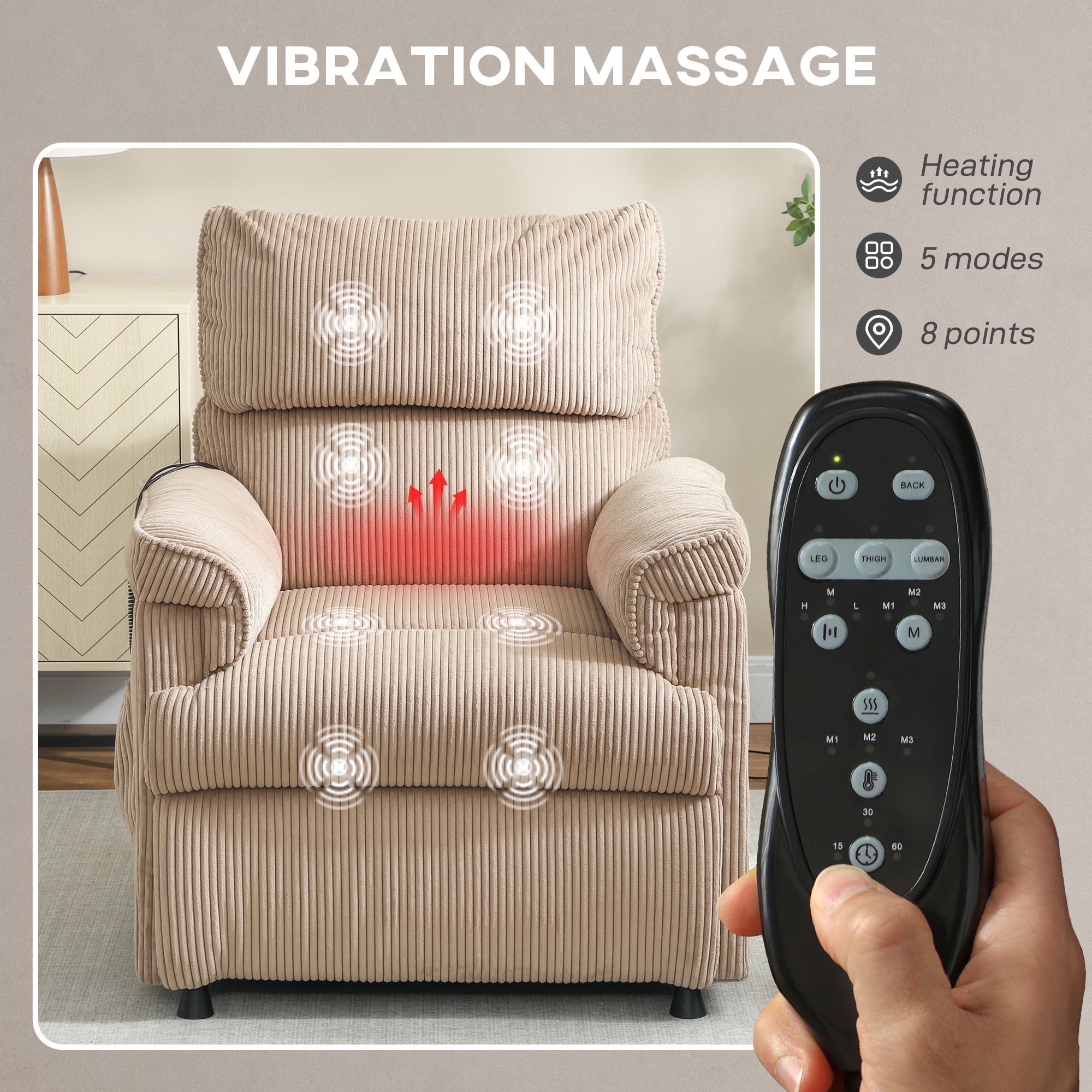 HOMCOM Corduroy Electric Massage Recliner - Brown