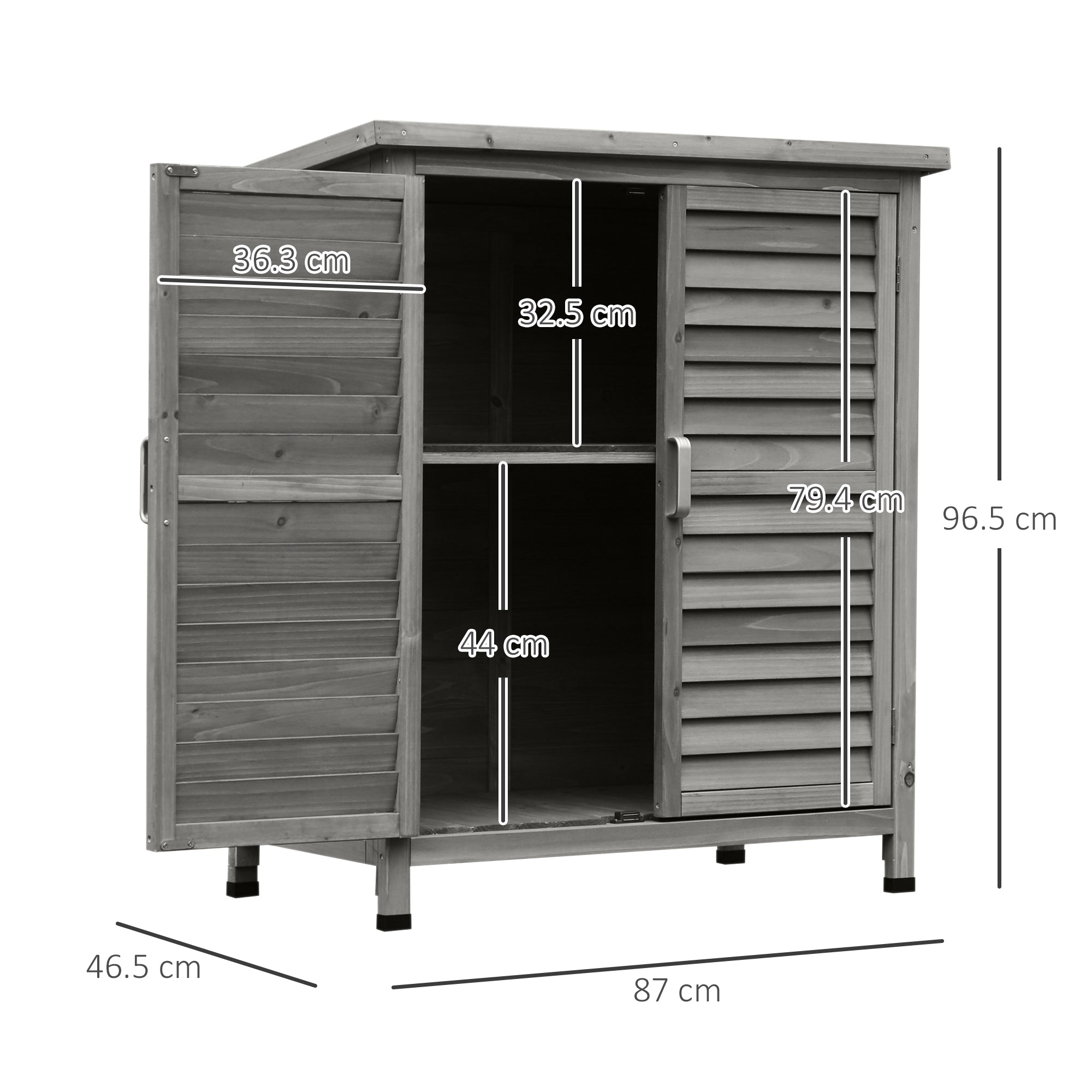 Outsunny Garden Shed Wooden Garden Storage Shed 2 Door Unit Solid Fir Wood Garage Tool Organisation Cabinet, 87L x 46.5W x 96.5Hcm, Grey - North Peak Garden Furniture