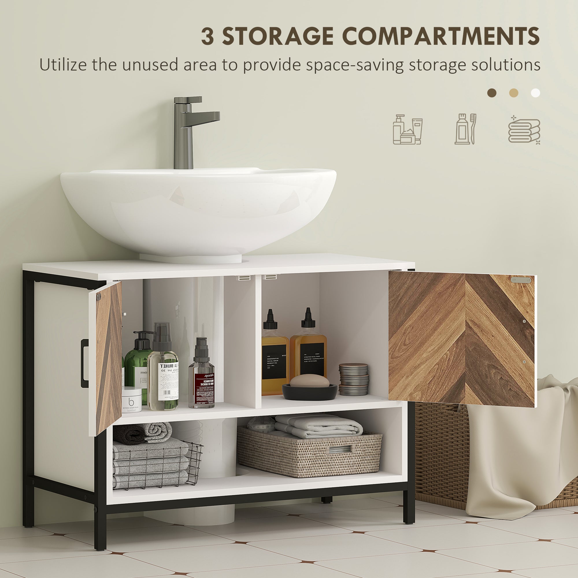 HOMCOM Under Sink Bathroom Cabinet, Rustic Under Sink Cabinet with Herringbone Doors and Open Compartment for Basin with or without Pedestal, 80 x 40 x 60cm, Cream White - North Peak Garden Furniture