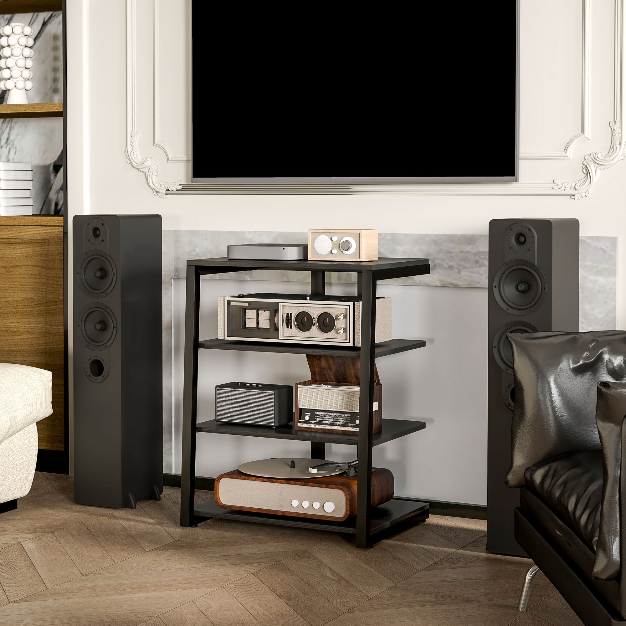 HOMCOM HiFi Stand, with Four Storage Shelves - Black - North Peak Garden Furniture