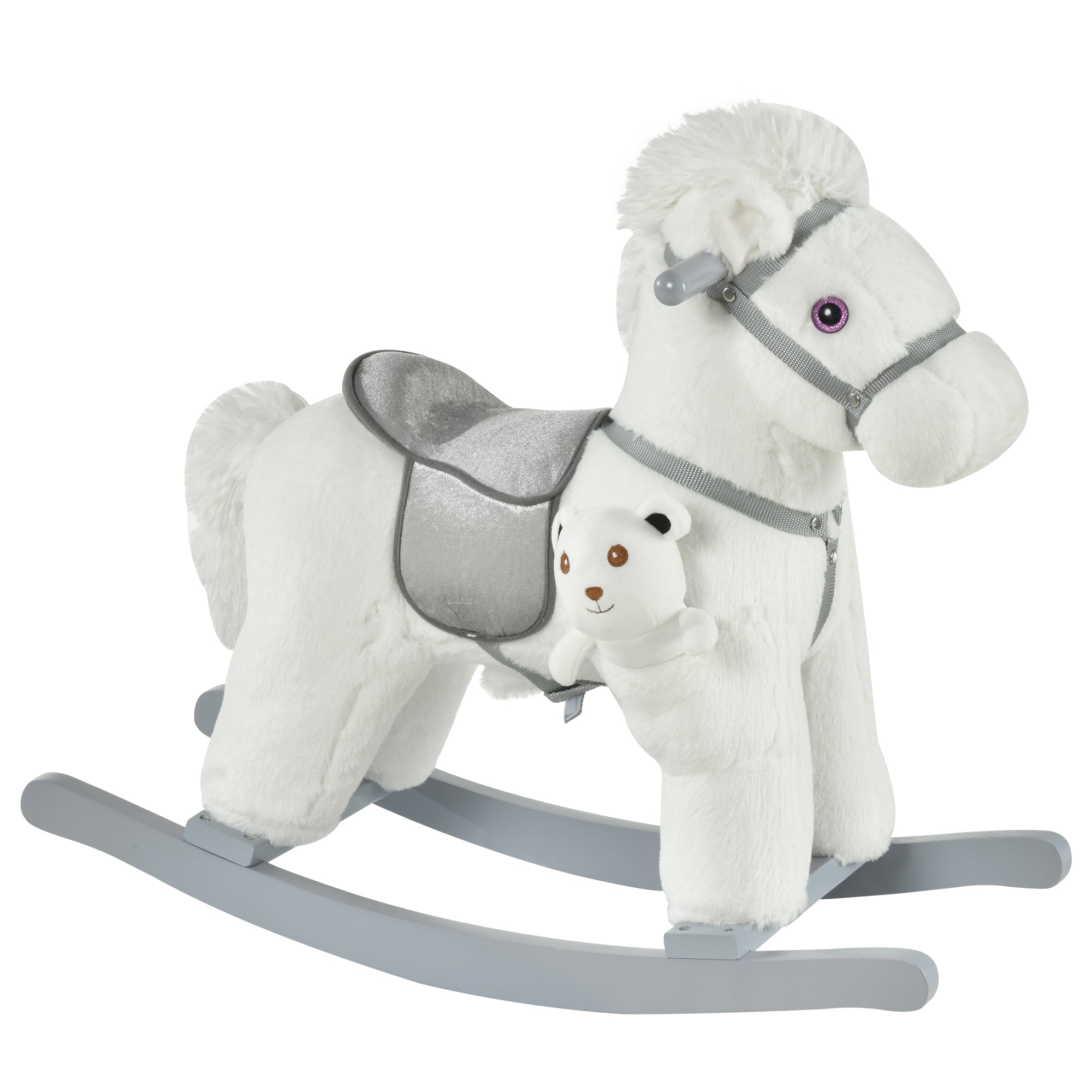 HOMCOM Kids Plush Ride-On Rocking Horse Toy Rocker with Plush Toy Realistic Sounds for Child 18-36 Months White - North Peak Garden Furniture