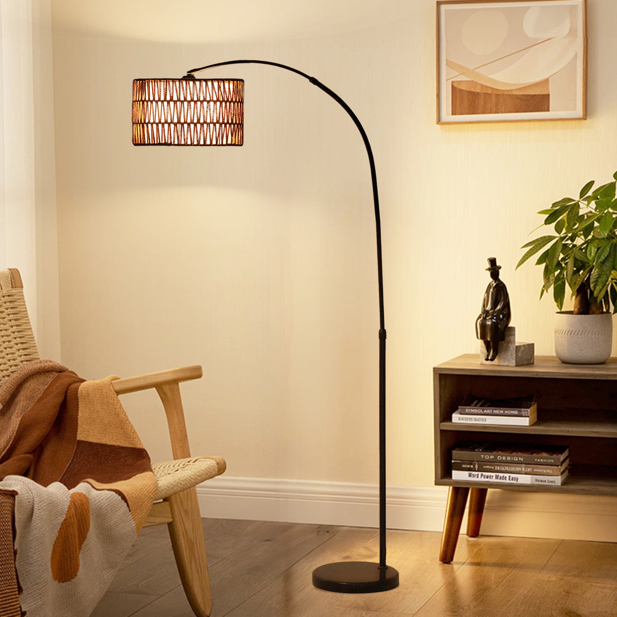 HOMCOM Rattan Floor Lamp for Living Room, Farmhouse Arc Standing Lamp with Dual-Layer Shade & Foot Switch, Height Adjustable Minimalist Tall Pole Lampshade for Bedroom, Office, Black - North Peak Garden Furniture