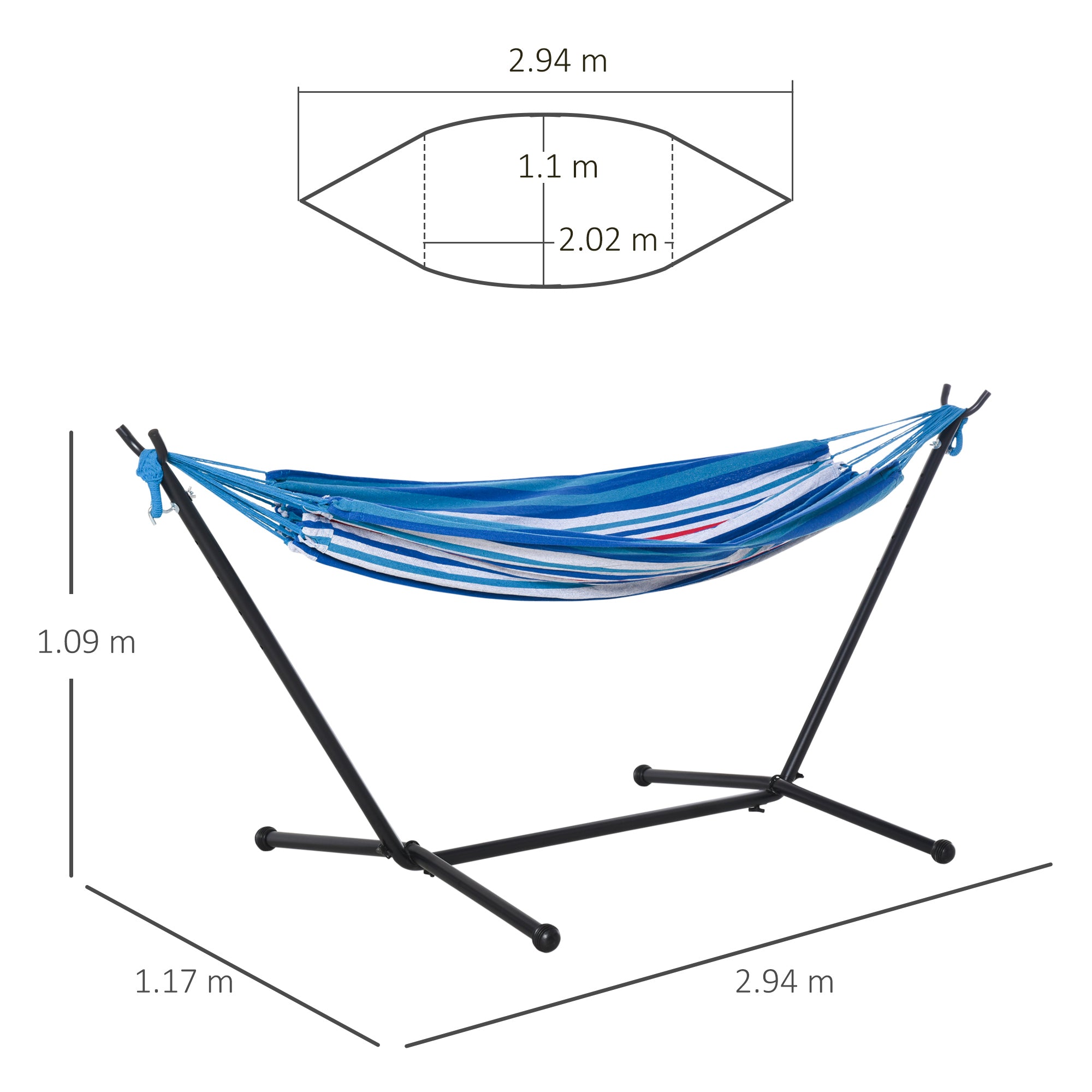 Outsunny 294 x 117cm Hammock with Stand Camping Hammock with Portable Carrying Bag, Adjustable Height, 120kg Load Capacity, White Stripe