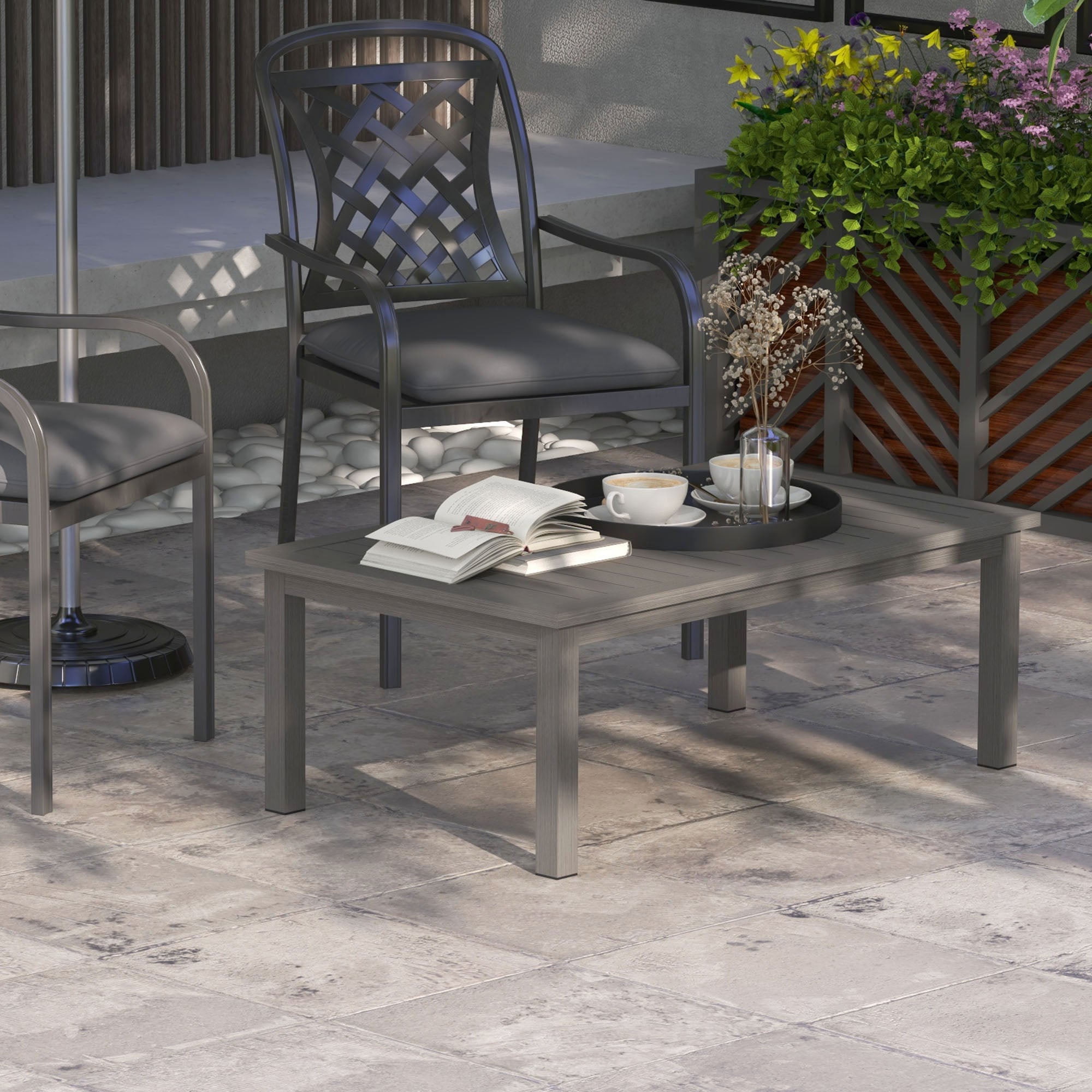 Outsunny Aluminium Outdoor Side Table, Slat Patio Coffee Table with Wood Grain Effect for Garden, Balcony, 100cm x 60cm, Brown - North Peak Garden Furniture