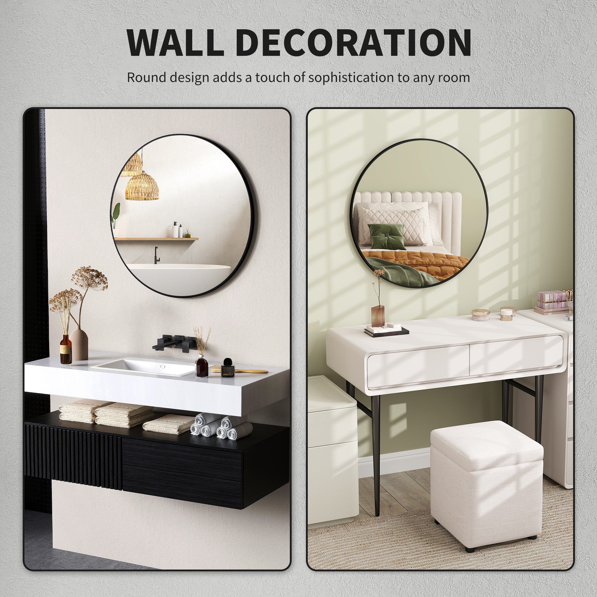 HOMCOM Round Bathroom Mirror, 70 x 70cm Steel Framed Wall Mirror, Decorative Mirror for Bedroom, Living Room, Entryway, Black - North Peak Garden Furniture