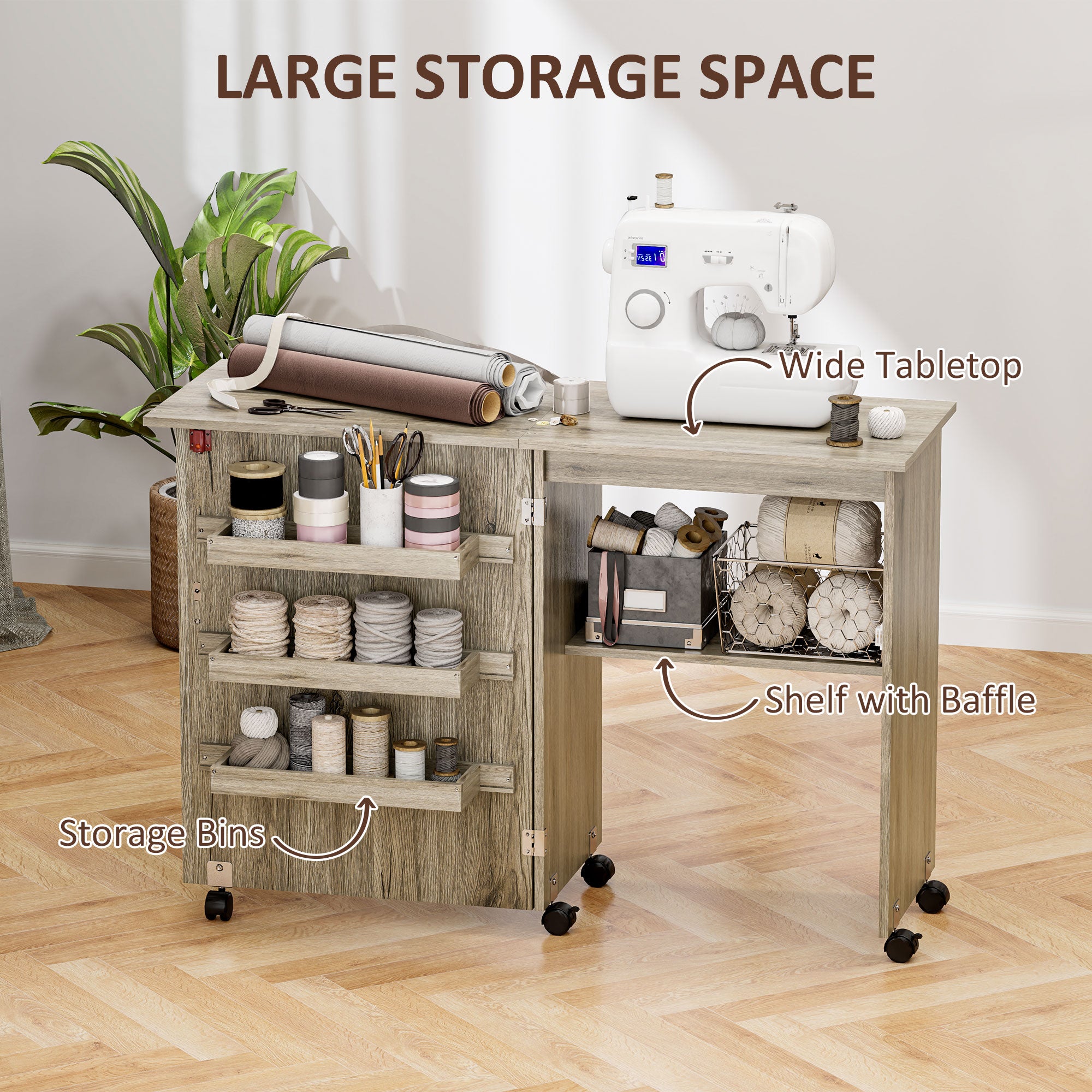 HOMCOM Folding Sewing Table, Drop Leaf Craft Table with Storage Bins, Open Shelf and Wheels, Rolling Sewing Machine Cabinet Computer Desk for Small Space, Grey - North Peak Garden Furniture