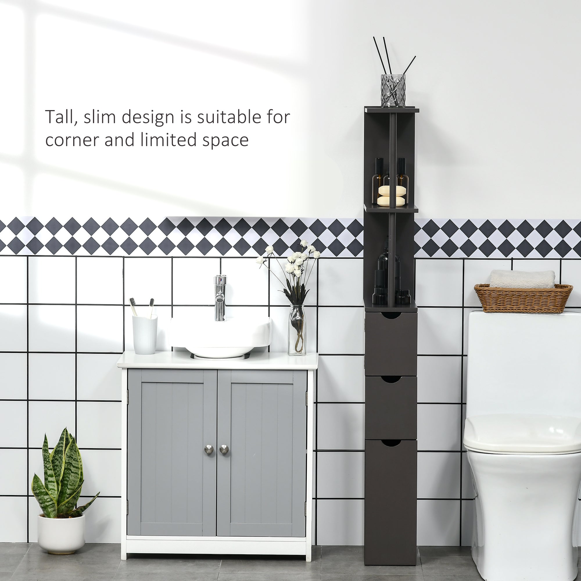 HOMCOM Tall Bathroom Cabinet, Freestanding Bathroom Storage Cabinet with 2-Tier Shelf and Drawers, Narrow Cupboard Storage Unit, Brown - North Peak Garden Furniture