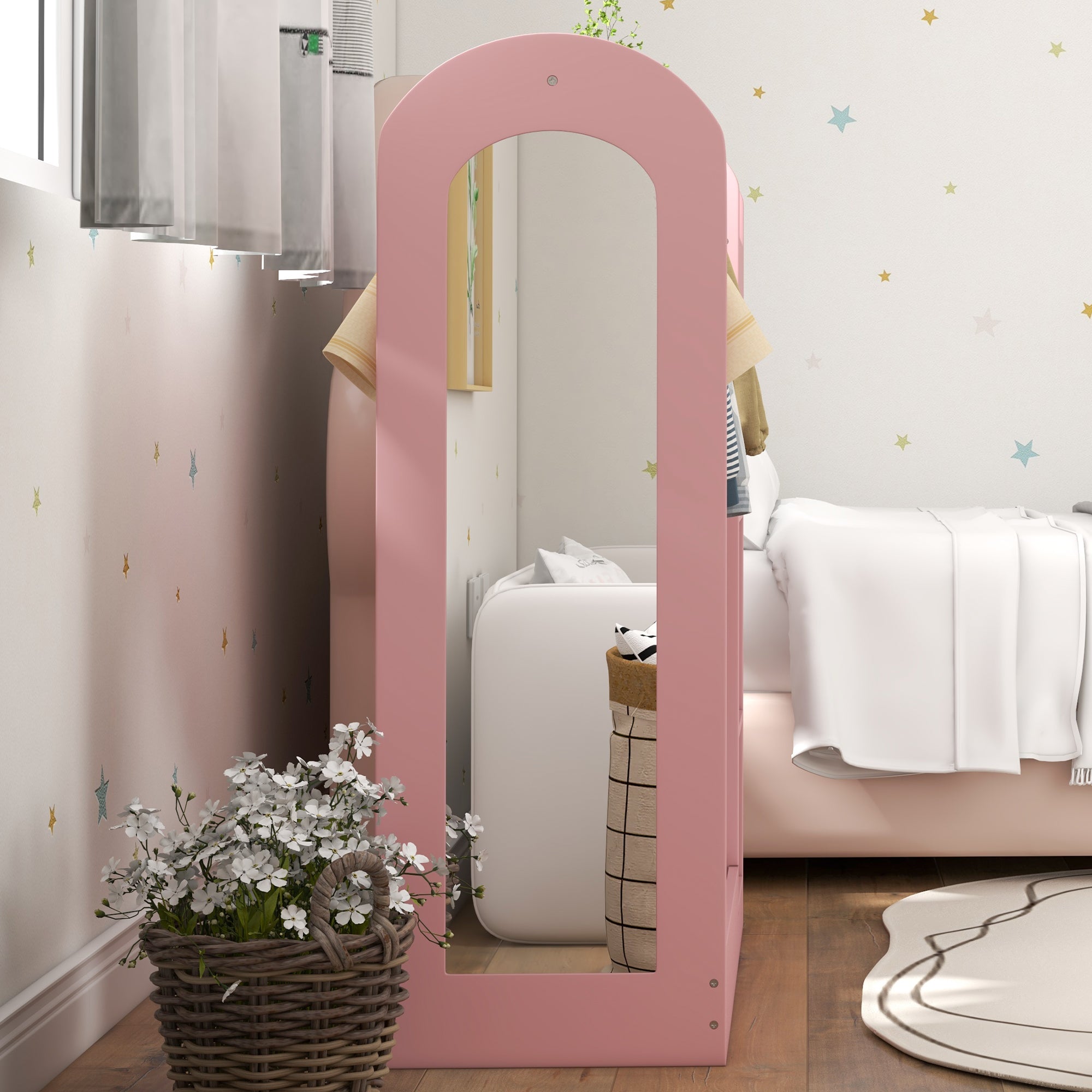 AIYAPLAY Kids Clothes Rail with Storage Shelf, Boxes, Mirror for Bedroom, Nursery, Pink - North Peak Garden Furniture